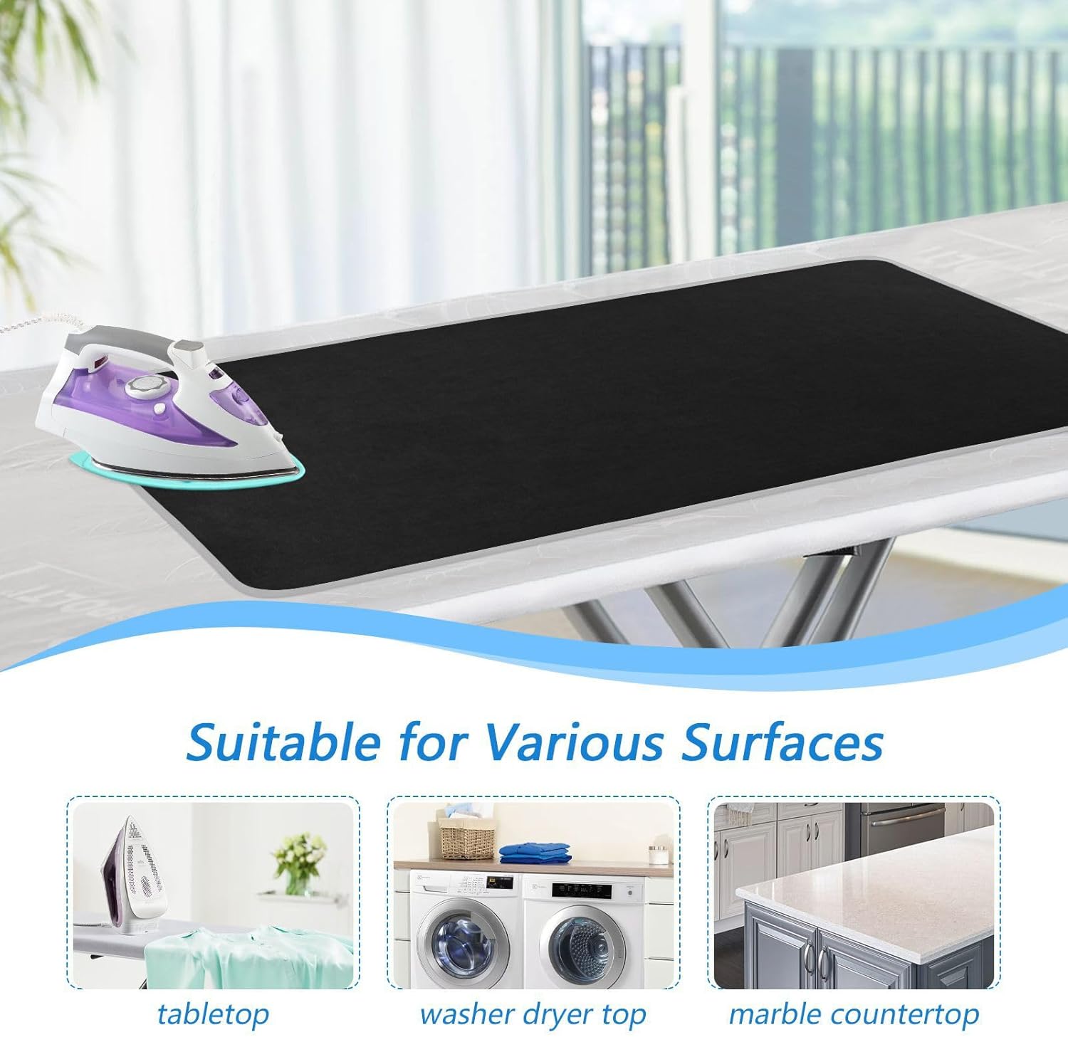 YETTASBIN Black Solid Color Ironing Mat with Silicone Iron Rest Pad, Portable Travel Ironing Blanket Heat Resistant Ironing Board Cover for Washer Dryer Table Top, 47.2 x 27.6 Inch