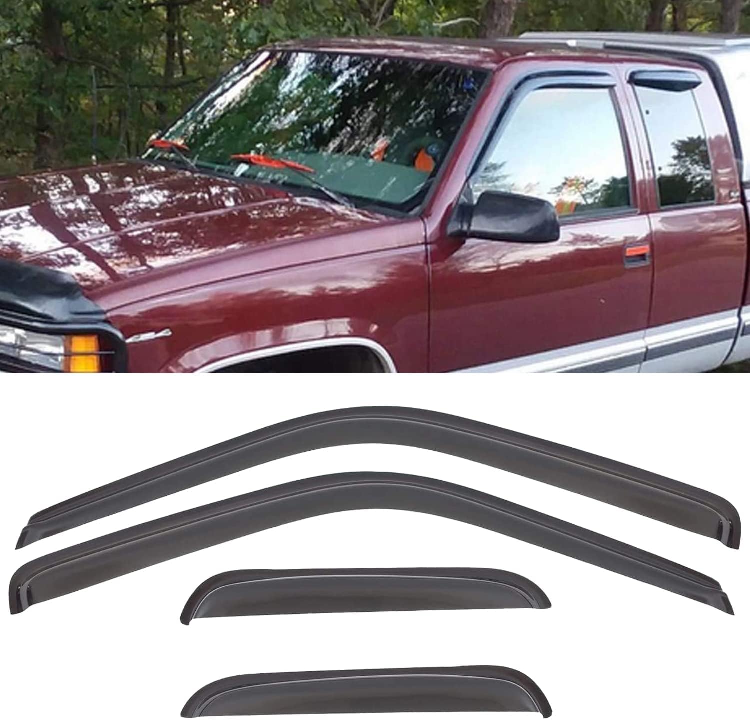 Set of 4 pcs Compatible with 88-00 C10 C/K Pickup Extended Cab Front+Rear Sun/Rain Guard Outside Mount Window Visors