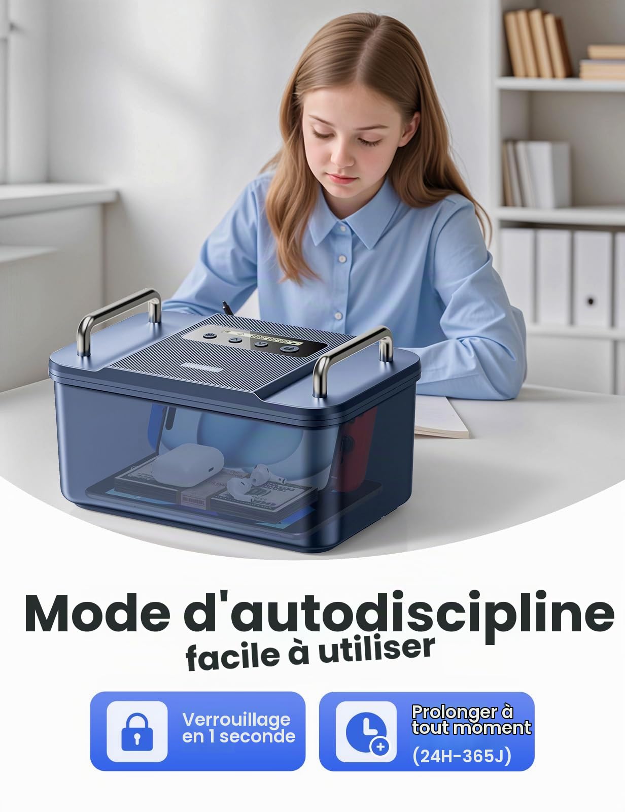 Vaydeer Boîte de verrouillage temporisée avec deux poignées en métal - Boîte de rangement verrouillable pour la mise au point et la maîtrise de soi - Noir