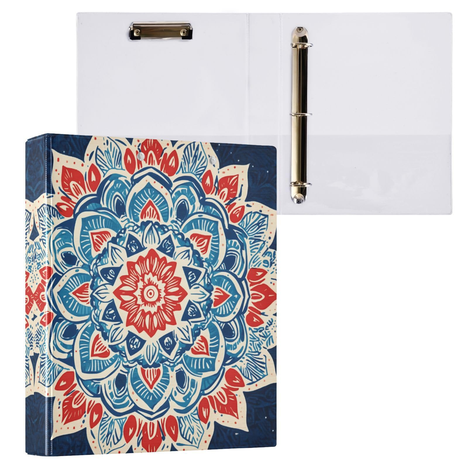 Confezione da 2 raccoglitori a 3 anelli, motivo floreale mandala, 3,8 cm, con 3 tasche trasparenti, portablocco e contiene 200 fogli, per ufficio, scuola, organizzazione della casa