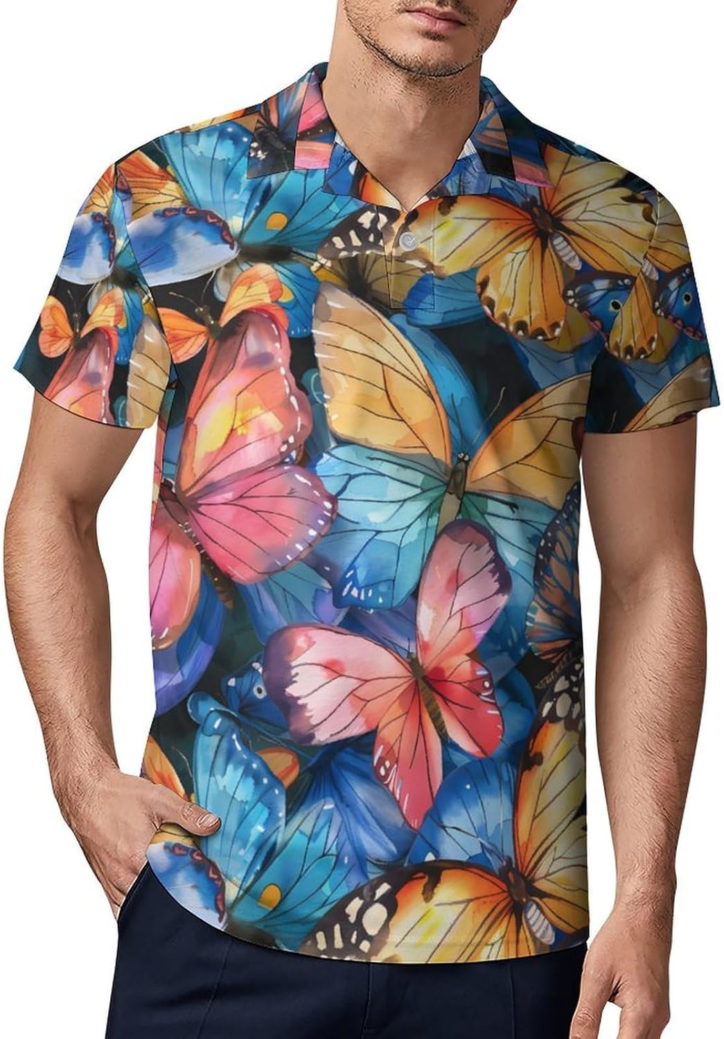 Colorful Butterfly Watercolor Novelty Men's Short Sleeve Shirt Golf Tennis Shirts Work T-Shirt Sport Tee