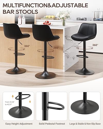 Miniatura 5 de Juego de 4 taburetes de bar, taburetes de bar giratorios ajustables de piel sintética de 26 a 34 pulgadas con reposapiés, sillas de isla de altura