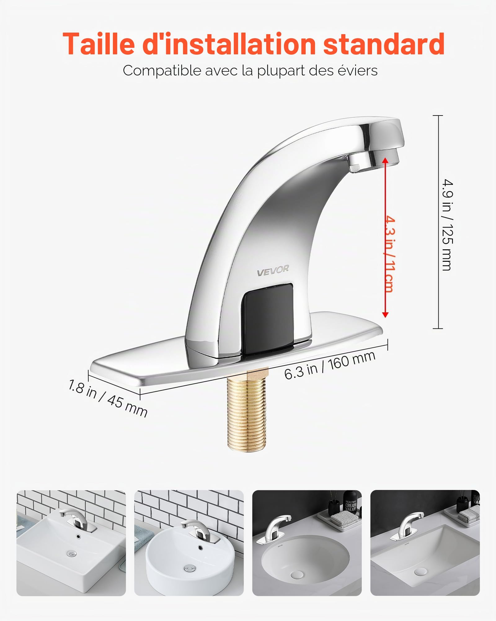 VEVOR Robinet Automatique sans Contact, Mitigeur à Capteur de Mouvement, Eau Froide, avec Plaque de Protection, Fonctionne sur Piles, pour Tuyau de 9,5 mm, Lavabo Évier Cuisine, Chromé Argenté