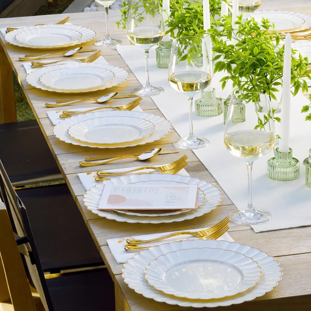 By Madee HEAVYWEIGHT 60 Pc Ivory Scalloped Easter Plastic Plates for Party with Gold Trim – 30 Dinner & 30 Dessert Plates – Elegant & Fancy for Wedding, Showers, Special Moments (30 Guests)