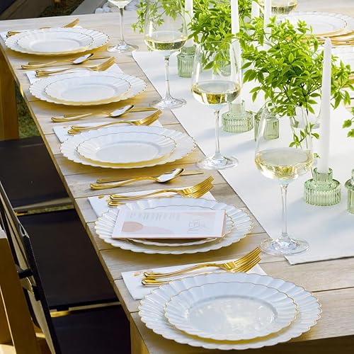 Miniatura 3 de By Madee PREMIUM 60 piezas de platos de plástico calados en marfil con borde dorado para fiestas – 30 platos de cena y 30 platos de postre – Oro de