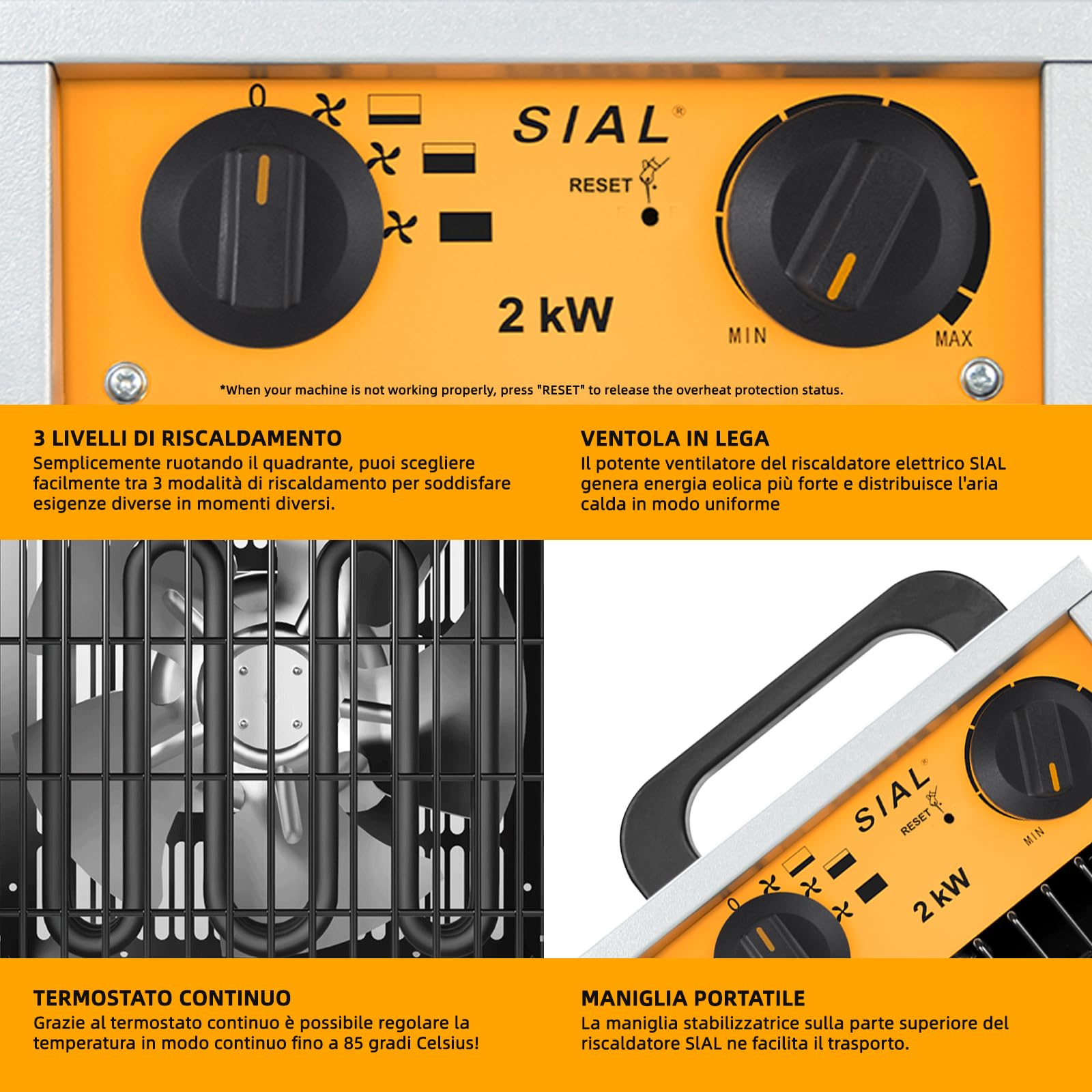 SIAL Industriale Riscaldamento 2000 W - Termoventilatore - Radiatore Elettrico - Adatto per Cantieri, Negozi, Garage, Scantinati(Argenteo)