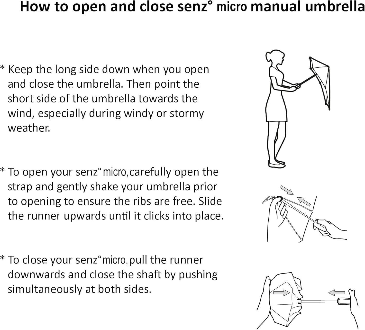 Diagram illustrating how to open and close the Senz Micro manual umbrella.