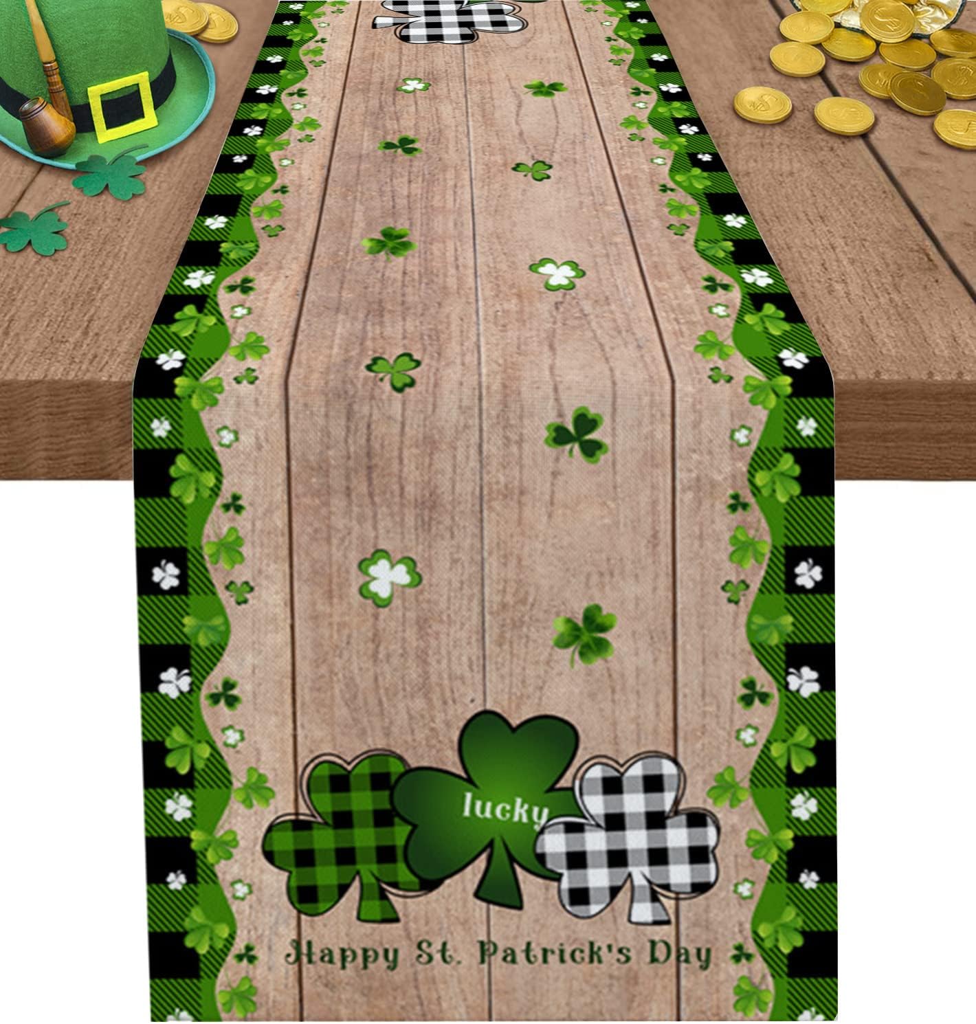 St.Patrick's Day Clover Table Runners 13x120in Farmhouse Linen Kitchen Dining Table Runner Dresser Scarve for Spring Party Green Plaid Irish Lucky Clover Shamrock Barn Wood Holiday Table Setting Decor