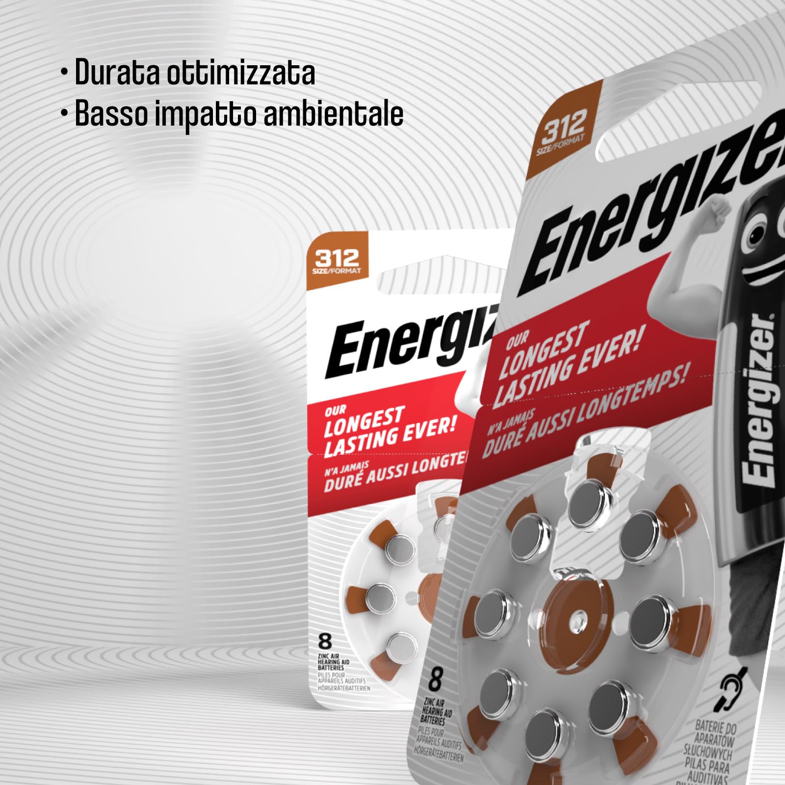 80 piles auditives Energizer pour appareils auditifs intra-auriculaires taille 312 marron sans mercure - 10 emballages de 8 piles