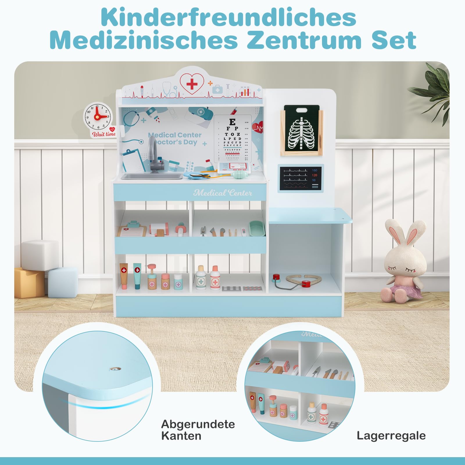 COSTWAY Krankenhaus Spielzeug, Doktor-Spielset Holz mit medizinischen Geräten & 24 Zubehör, inkl. Stethoskop & Blutdruckmessgerät & Spritze, Arzt-Rollenspiel für Kinder ab 3 Jahren (Blau)