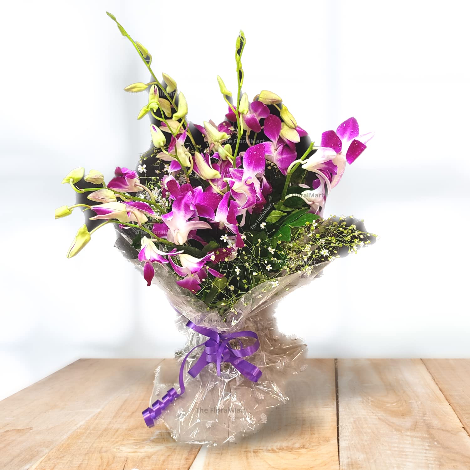 Fresh Flowers Bouquet of 10 Purple Orchids & Seasonal Fillers in Cellophane Wrapping, For Birthday, Anniversary or Any Occasions.-image-4