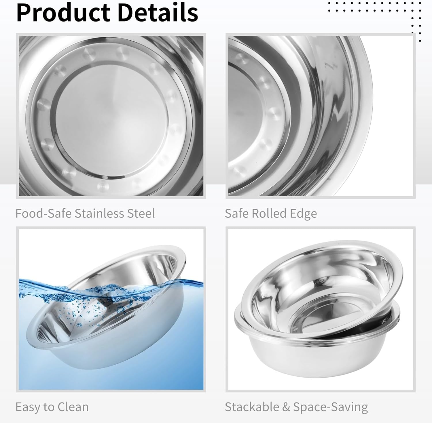 Mixing Bowls Stainless Steel 4 Pcs, Extra Large Basin Kitchen Metal, Mirror Finish, Safe Dishwasher, Food Prep Baking Cooking, Commercial Use, Salad Bowl