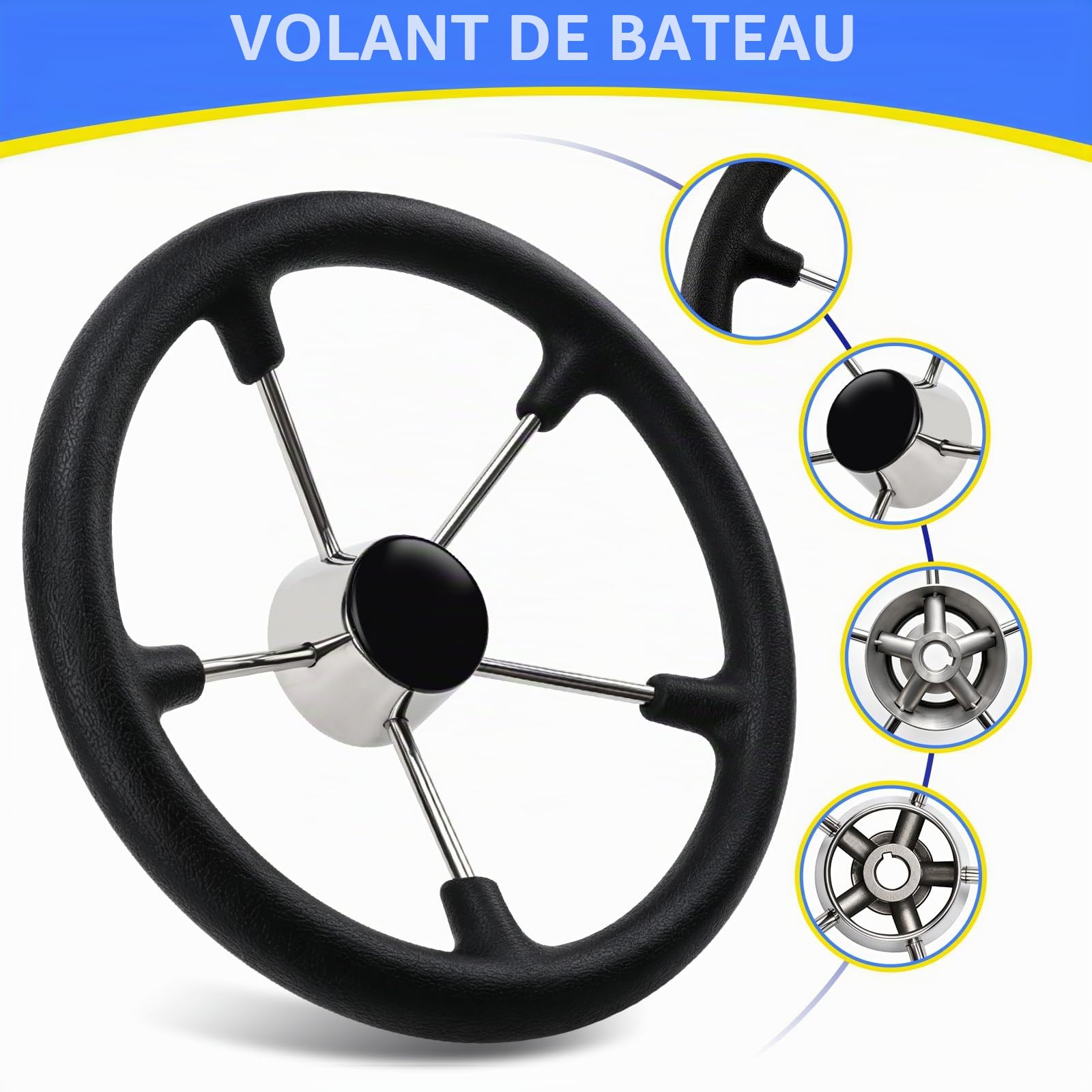 Geloo Volant en acier inoxydable avec mousse synthétique noire, 5 rayons 13-1/2", antidérapant et anti-transpiration pour bateau, yacht, bateau rapide