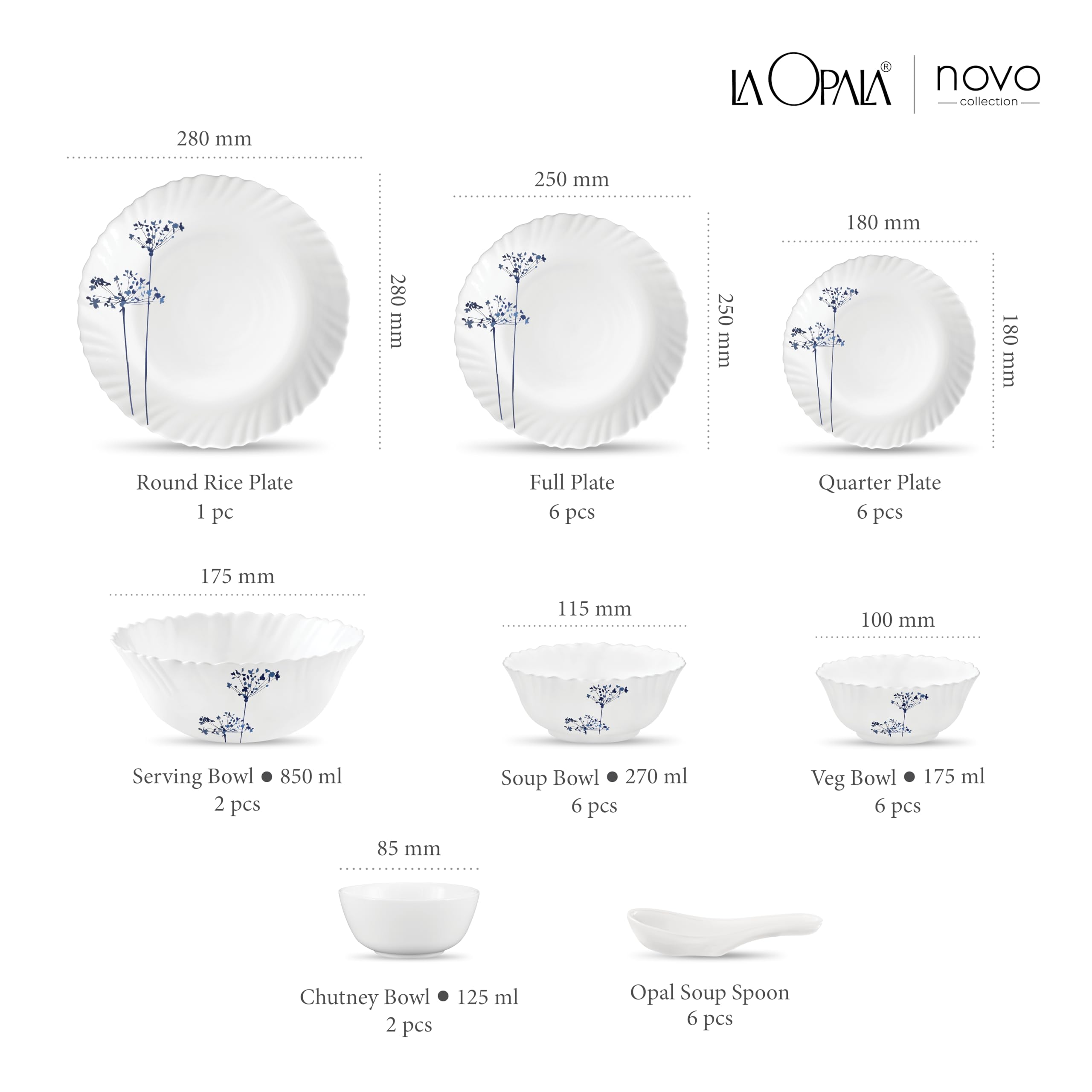 La Opala, Novo Collection, Opal Glass Dinner Set 35 pcs, Aqua Spray, White 2