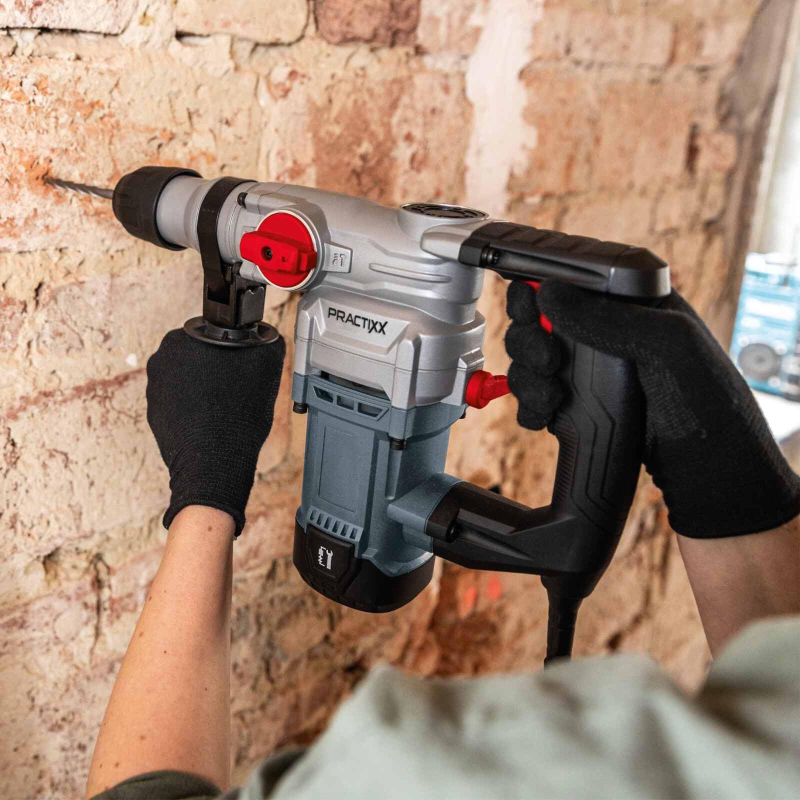 Practixx 3in1 Bohrhammer PX-BH-5 Abbruchhammer mit 5 Joule & 1050W | 28mm Bohrleistung in Beton | SDS-Plus Aufnahme | Zusatzgriff | 3m Kabel Bohrmaschine | inkl. 3 Bohrer, Koffer, Spitz- & Flachmeißel