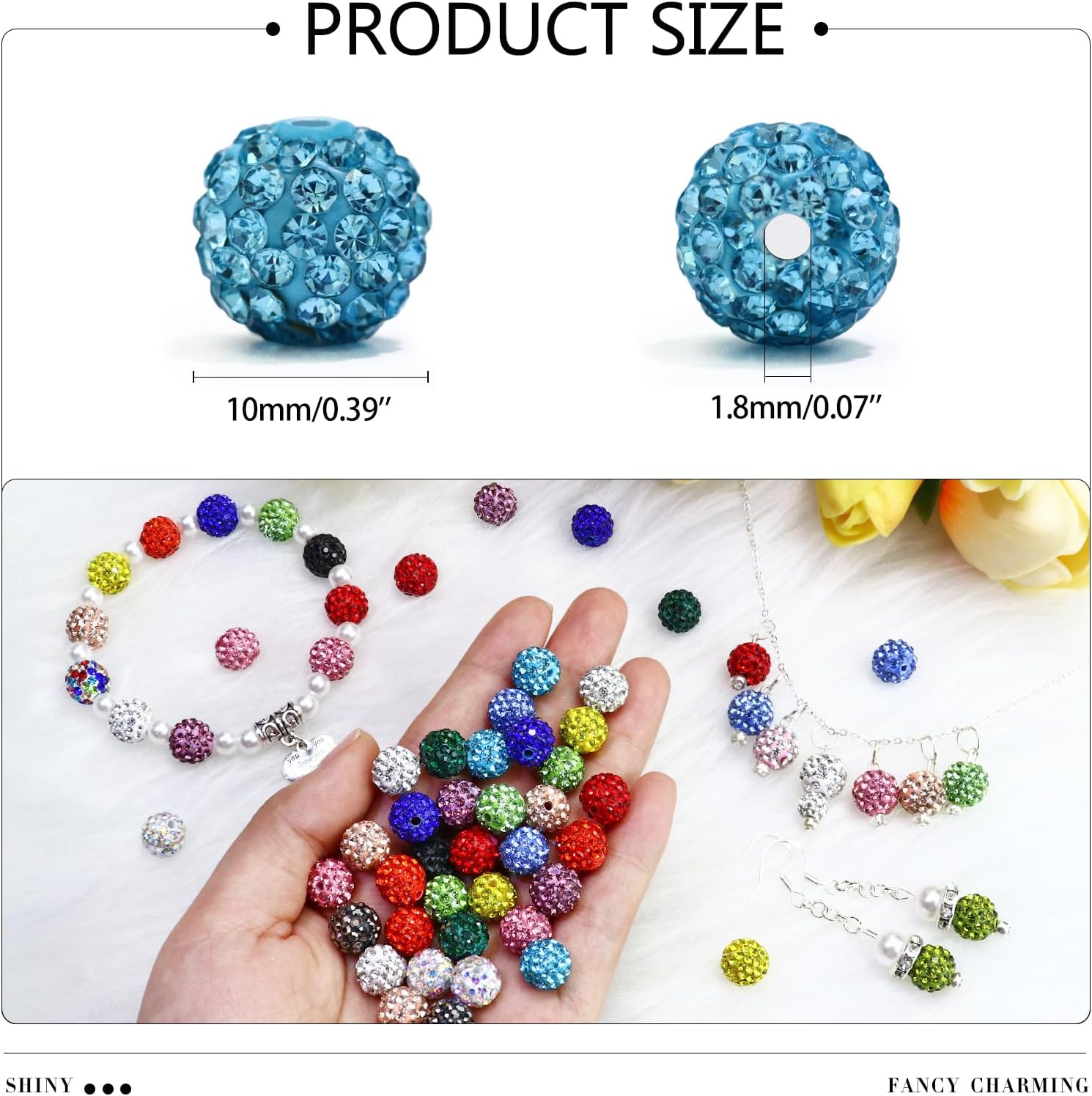 Dowarm 110PCS 10MM Rhinestone Beads for Jewelry Making, Round Polymer Clay Crystal Beads for Crafts Bracelet Necklace Earring Beaded Pen, Fancy Shamballa Disco Ball Diamond Bead - Image 3