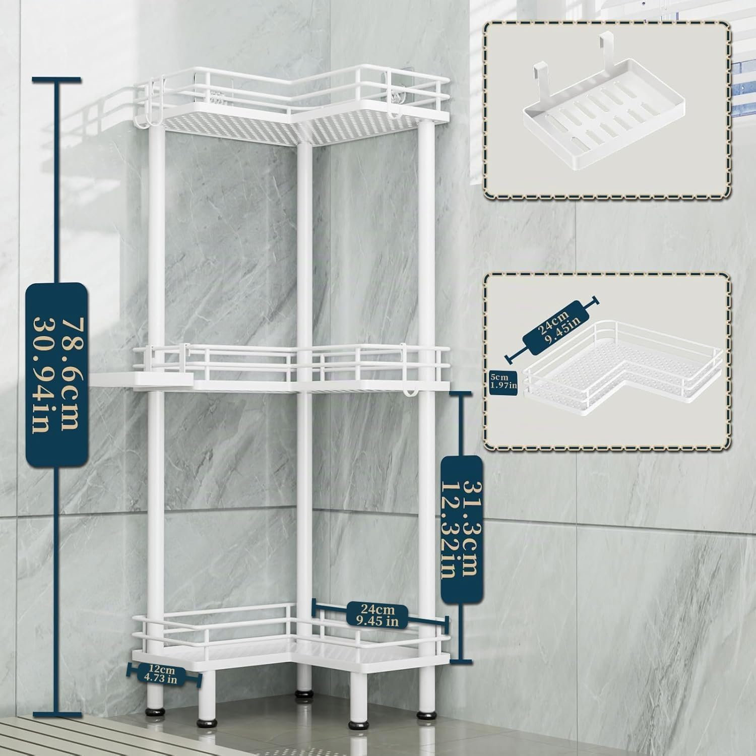 Consumest Organizador de ducha esquinero de pie – Organizador de ducha de acero inoxidable de 3 niveles con soporte para jabón y 4 ganchos, estante de esquina de ducha de gran capacidad para baño,
