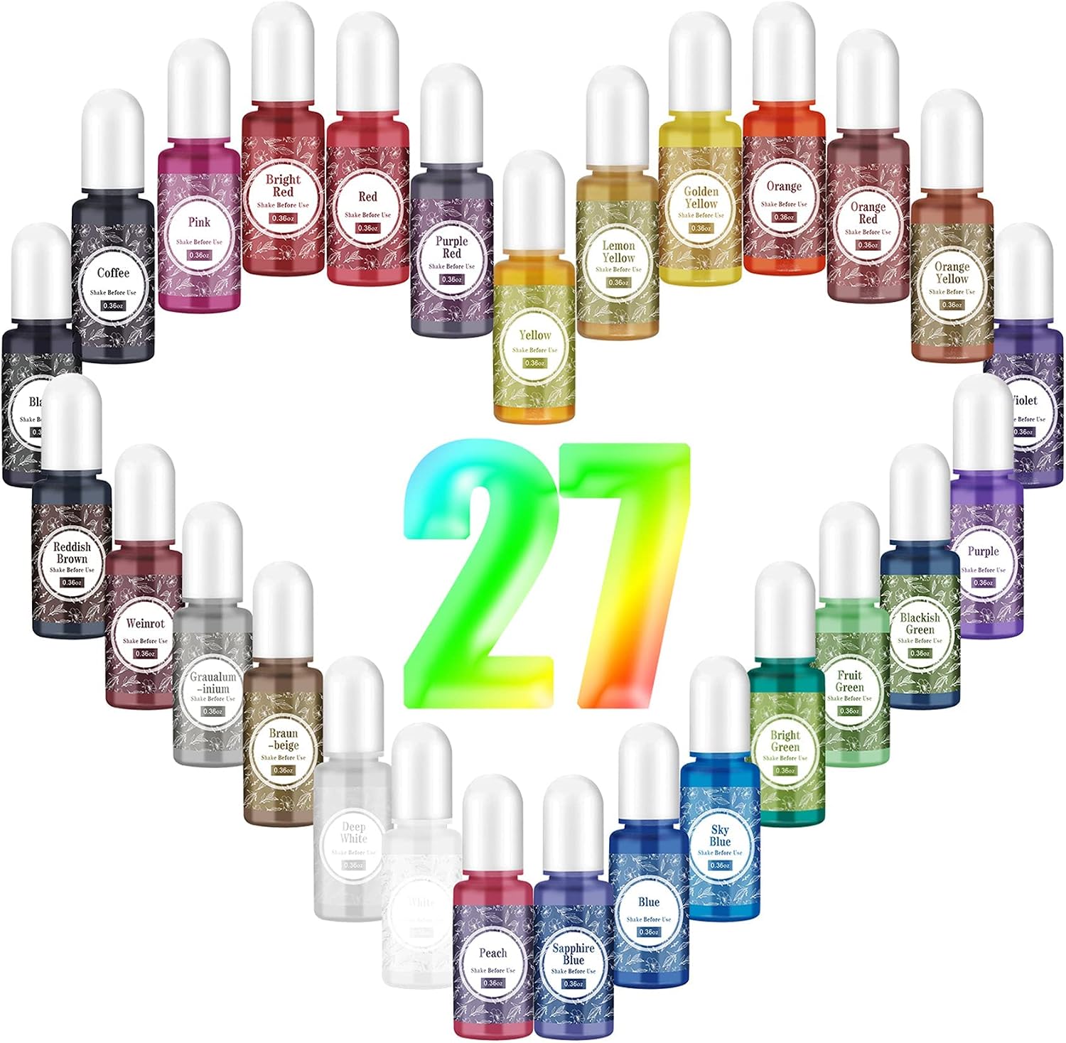 Epoxy Resin Pigment, 27 Colors Resin Pigment for UV Resin Coloring, Highly Concentrated Resin Colorant for Epoxy Resin, Liquid Translucent Resin Dye, Non Toxic Resin Color for Art Making(0.36oz Each)
