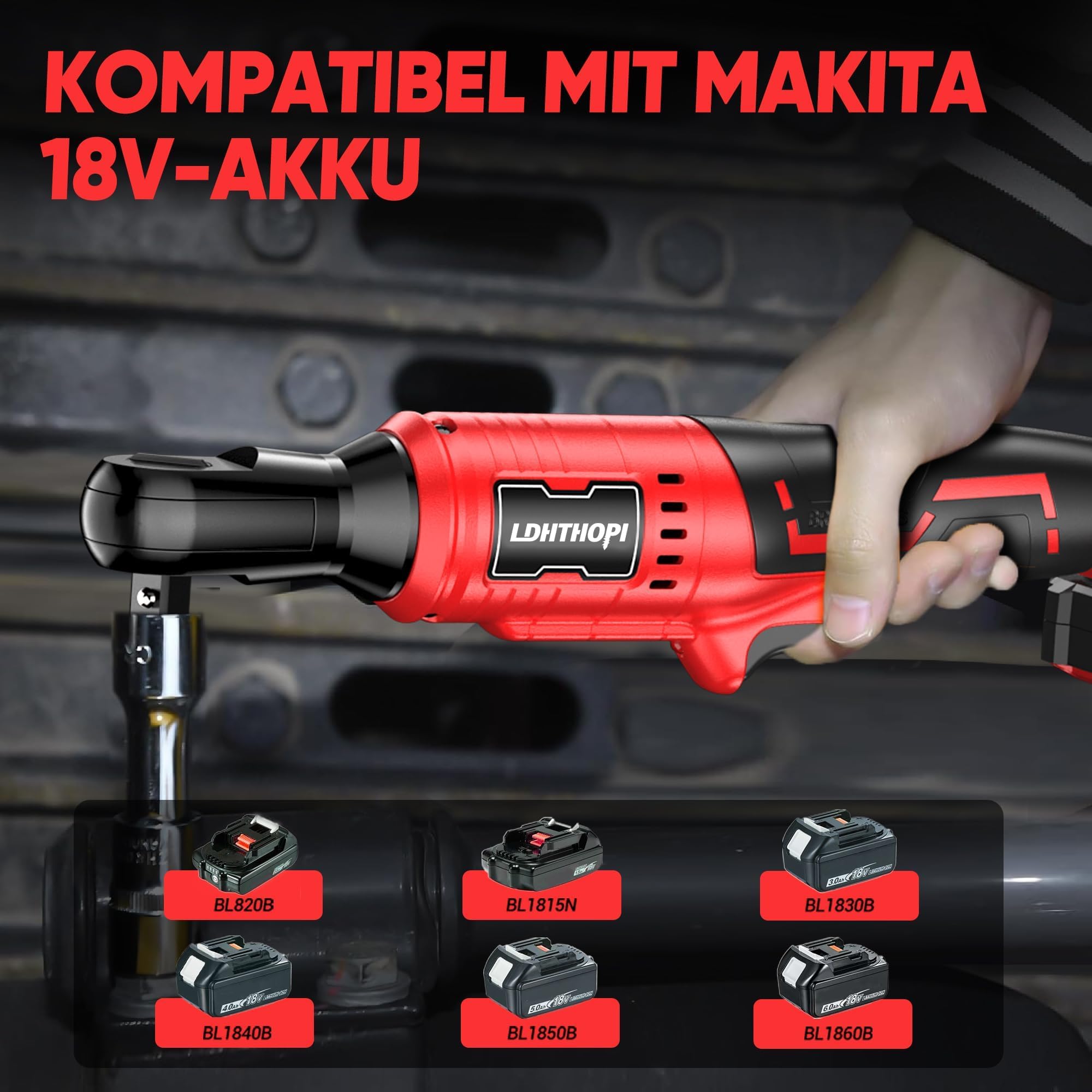 LDHTHOPI 3/8" Akku Ratsche 18V für Makita,MAX 100 Nm(75FT-LBS) Elektrische Ratsche mit LED-Licht,Rechts-/Linkslauf Ratschenschlüssel mit 1/2"-Adapter,7 Einsätzen(ohne Akku)