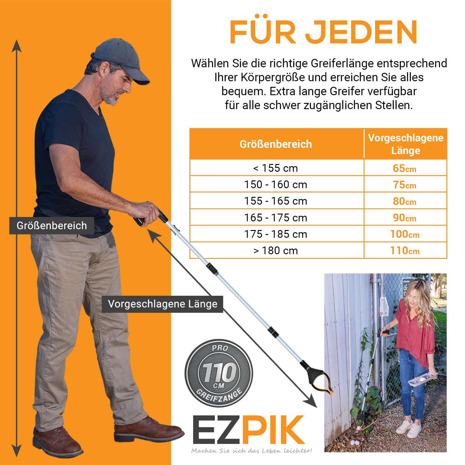 EZPIK 1 x 110 cm Greifer für Senioren mit Magnet-Greifarm, Robuste Greifzangen für Senioren und Menschen mit Behinderungen, Drehbare Müllgreifer Zange, Gehilfe mit Befestigungsclip (1er-Pack, Silber)