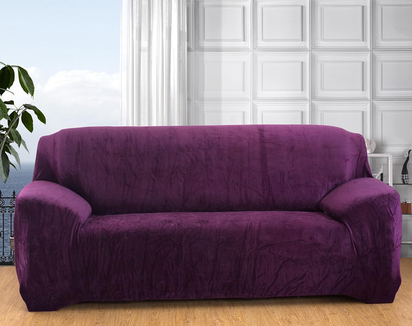 vctops 1-Piece Velvet Plush Stretch Sofa Slipcover with Elastic Bottom Soft Fuzzy Fluffy Couch Covers for 3 Cushion Couch Furniture Protector for Kids, Pet (Rose,Sofa)