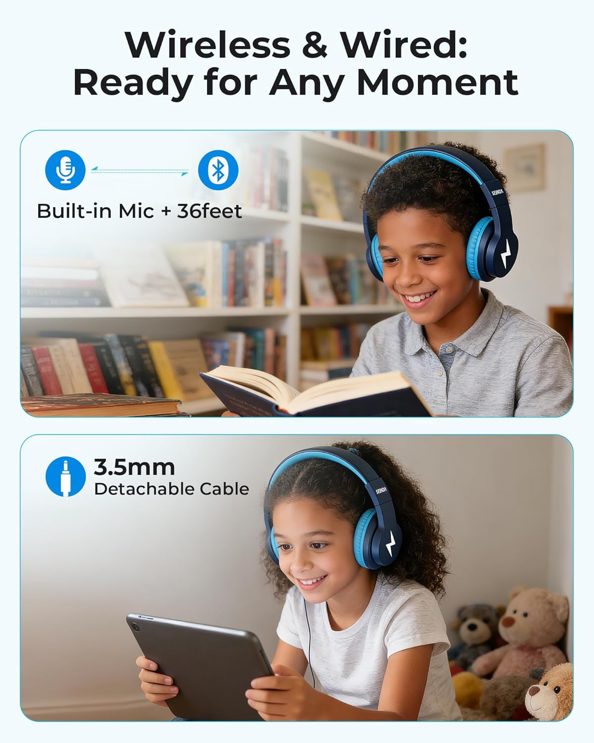 seenda Kids Bluetooth Headphones, JCH-01 Kids Wireless Headphones for School, 85/94dB Volume Limited, 45H Playtime, 3 Lighting Modes, Built-in Mic Headset with Aux Cord for iPad/Tablet, Dark Blue