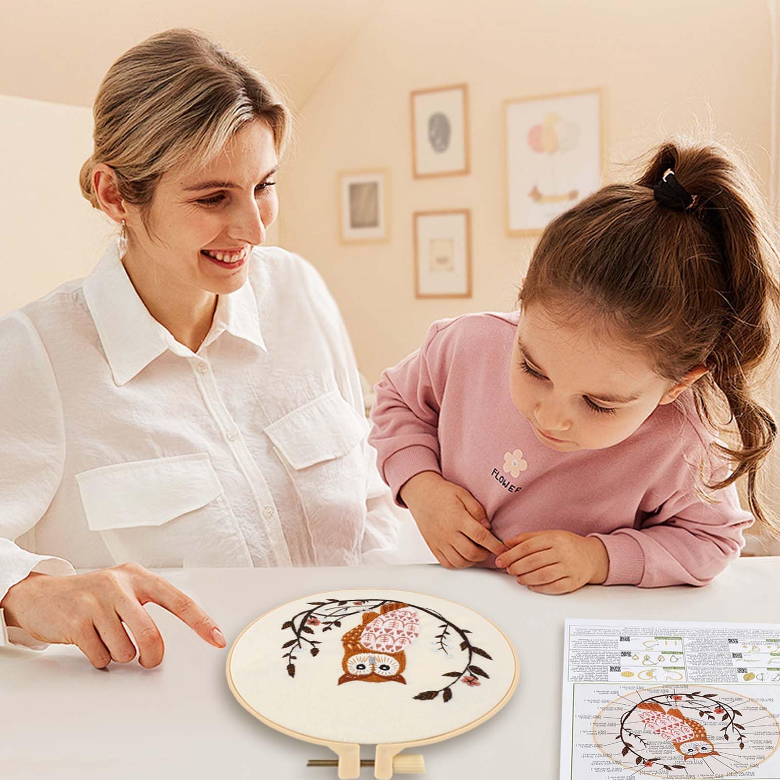 JOINRUN Kit de inicio de bordado para principiantes y adultos: kit de punto de cruz de búho para amantes de las manualidades, aprender a coser a mano, incluye patrón estampado, aro, instrucciones