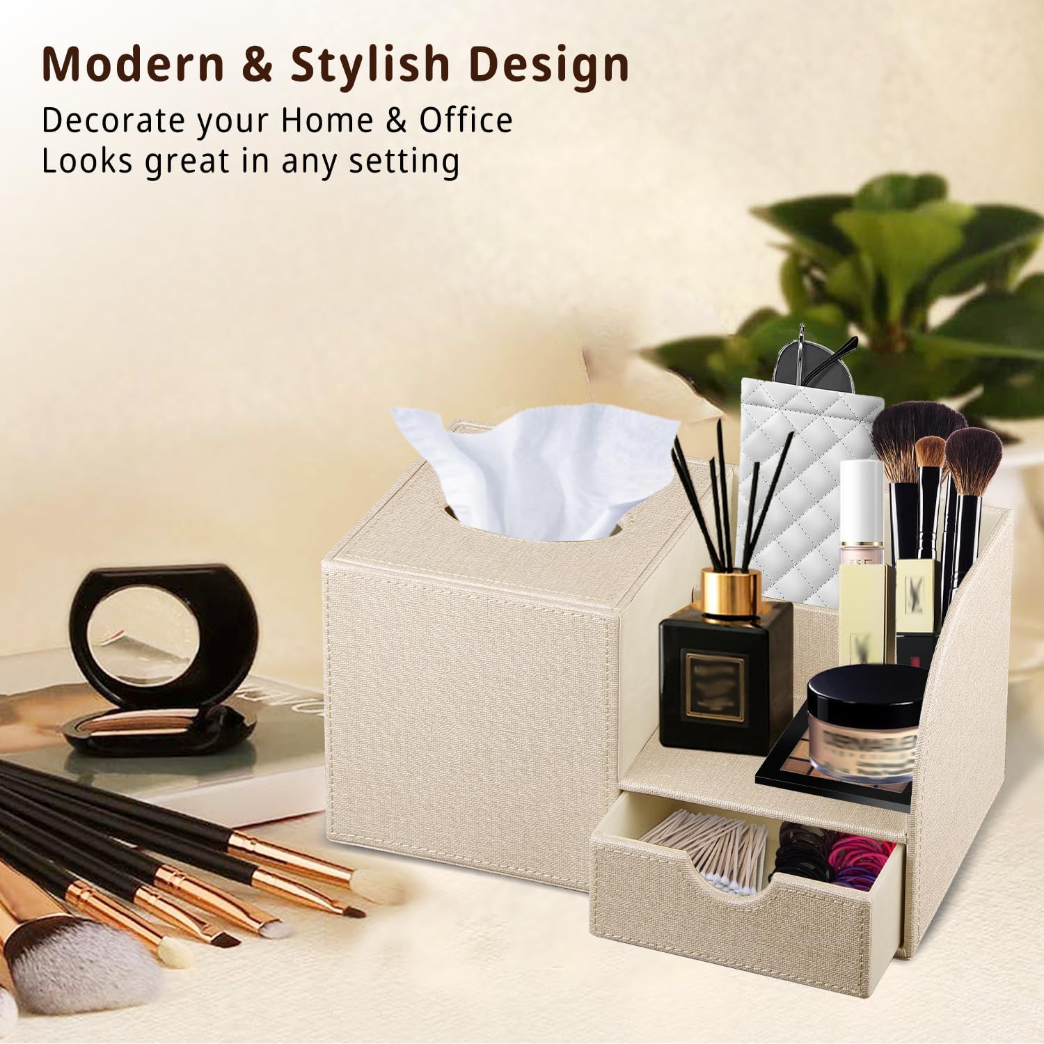 1*Nightstand Organizer with Tissue Holder + 1*Leather Square Tissue Box Cover with Storage Tray image 3