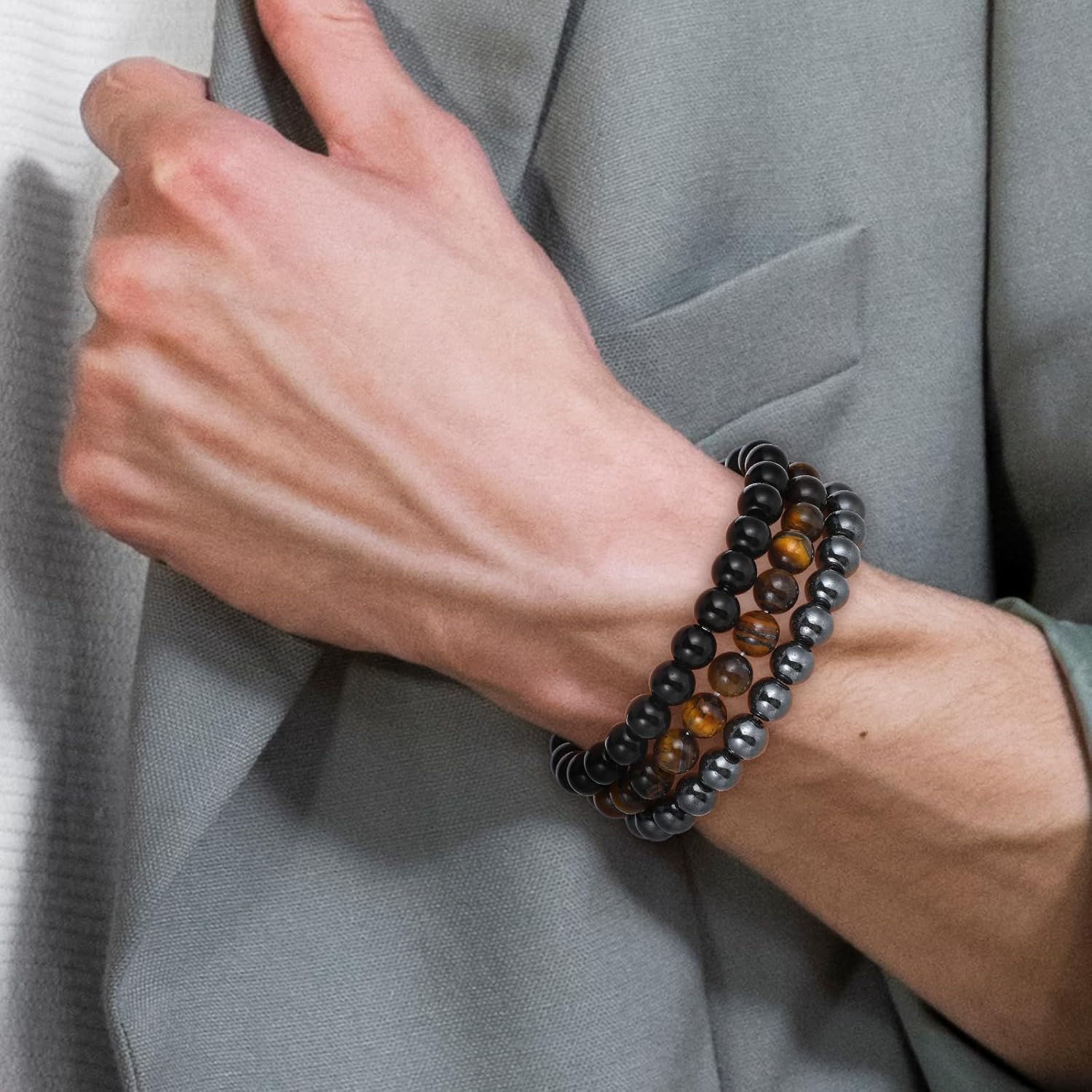 3Pcs Beaded Bracelets for Men – 8mm Beads Stretch Elastic Spiritual Bracelets Jewelry Gift for Men Women Black Obsidian, Hematite, Tiger Eye Stone - Image 7