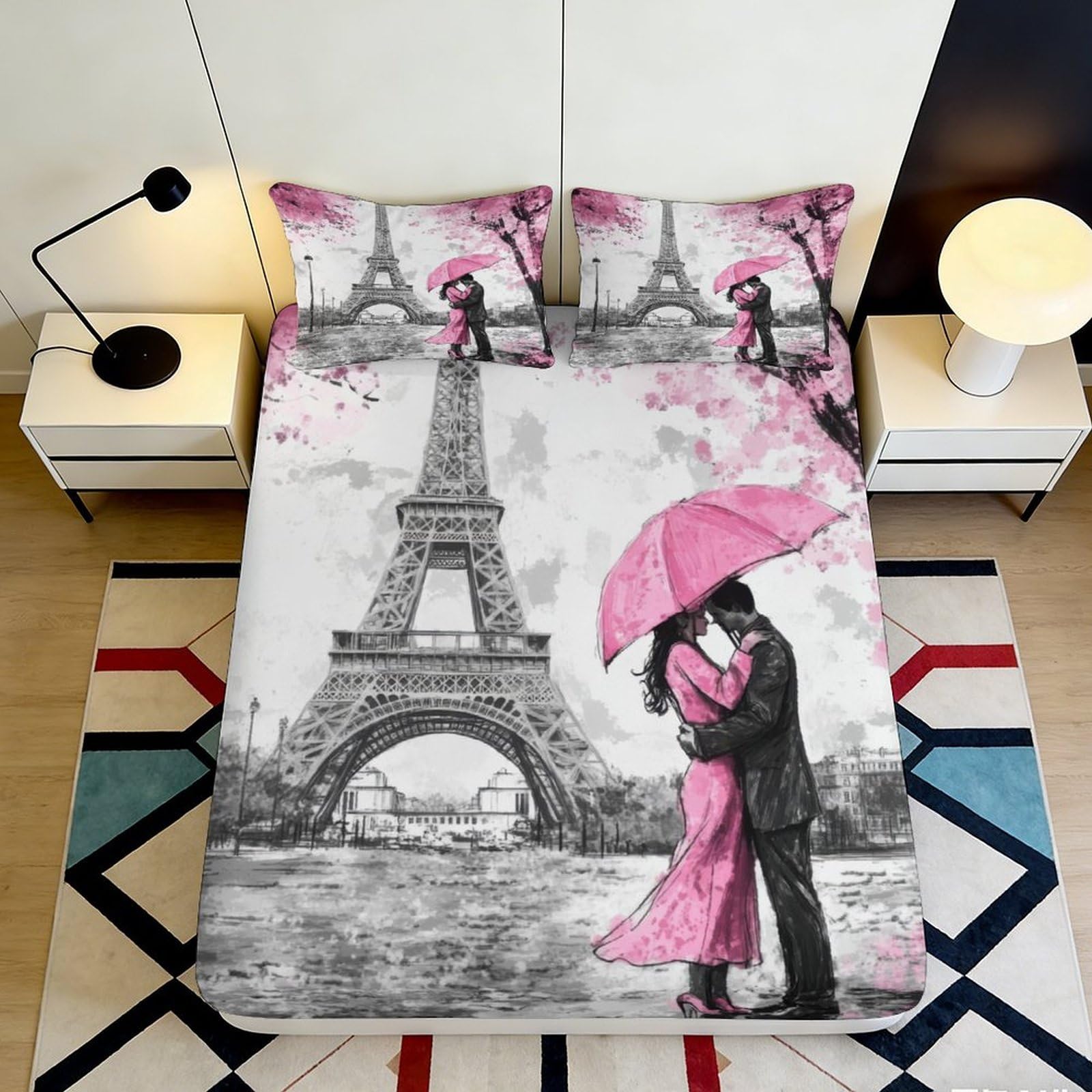 3D Printed Eiffel Tower Lovers Fitted Sheet Microfiber Pink Romantic Paris Mattress Cover Bedroom Decor 90x200x25cm