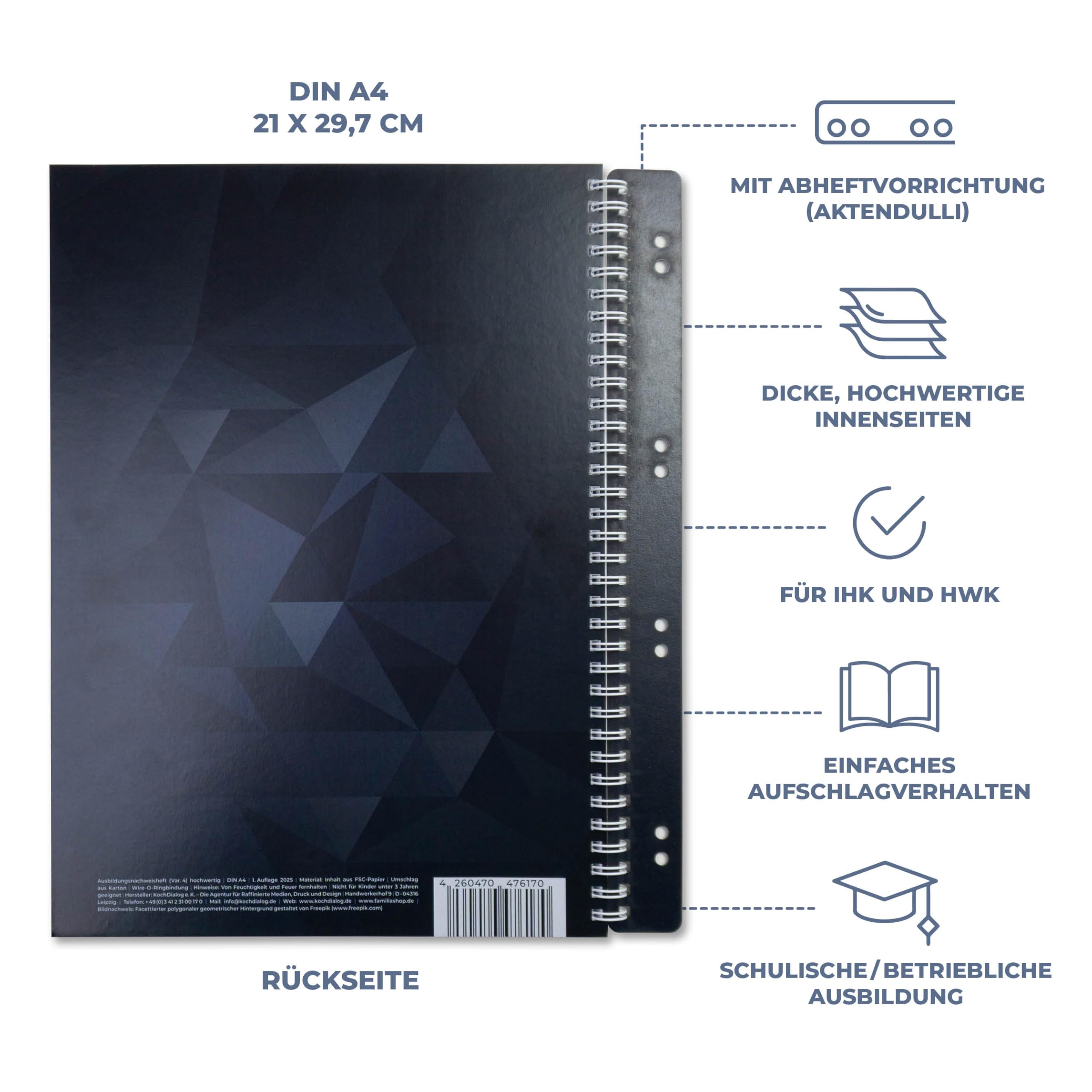 1 Premium Ausbildungsnachweis äußerst stabiles Hardcover Berichtsheft Ausbildung, DIN A4, 53 Wochen, extra dicke Seiten, Ausbildungsheft für IHK, Handwerk abheftbar in Ordner