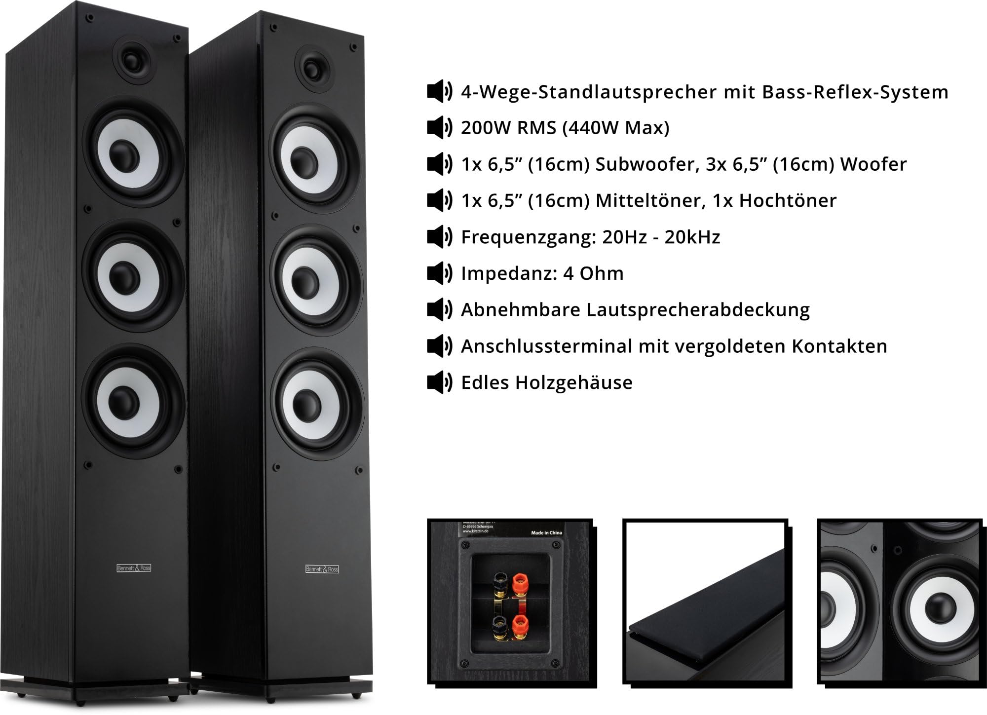 Bennett & Ross Ultrasphere Diffusori A Torre HiFi 3-Vie Coppia - 200W RMS - 2 x 6,5" Woofer - 6,5" Midrange - 1" Tweeter A Cupola In Seta - Costruzione Bass-Reflex - Finitura Effetto Legno - Nero