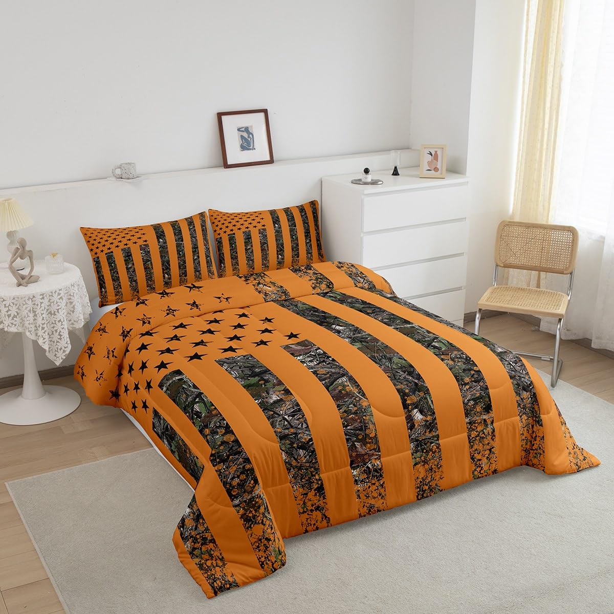 jejeloiu American Flag Bedding Set Toddler Size Kids Camo Comforter Cover for Boys Girls Teens Orange Brown Duvet Cover Breathable Soft Lightweight Microfiber Quilt Set