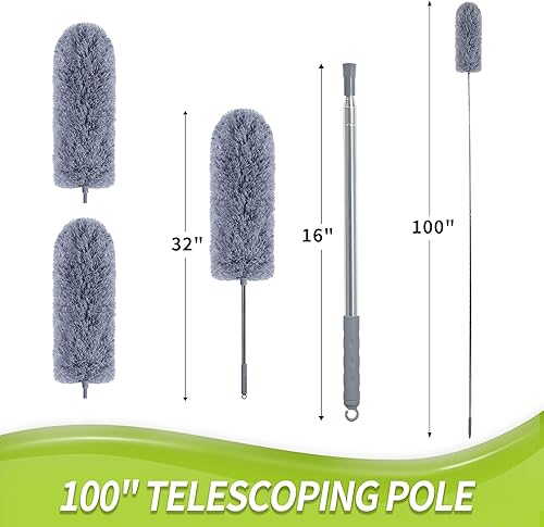 Miniatura 4 de IVYROLL Plumero con poste de extensión para limpieza (kit de 2 cabezales de microfibra), plumero de plumas de 100 pulgadas de largo para techos