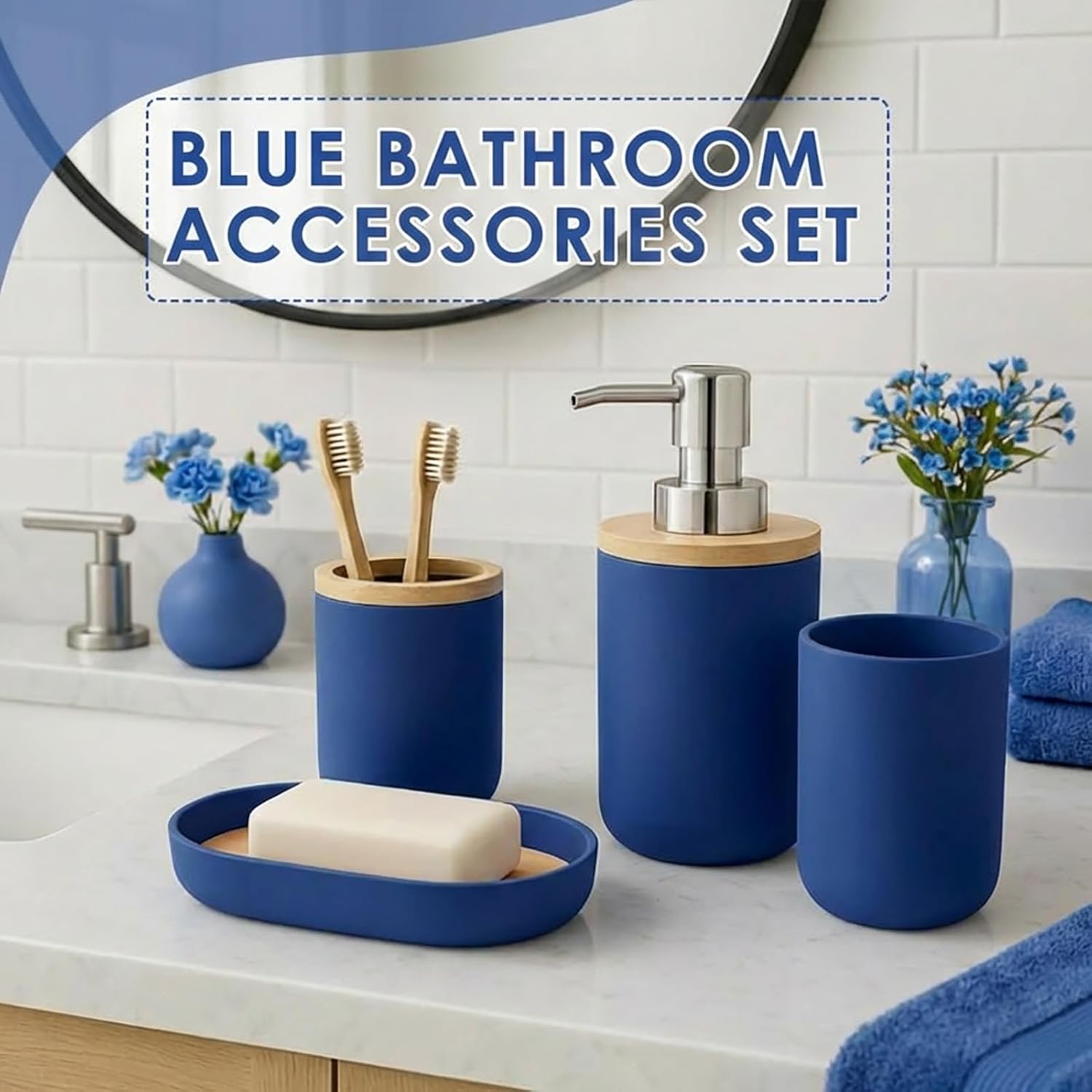 Navy Blue Bathroom Decor and Accessories Set, Striped Blue Shower Curtain and Rug Set with Trash Can, Soap Dispenser, Soap Dish, Toothbrush Holder, Toothbrush Cup, Toilet Brush