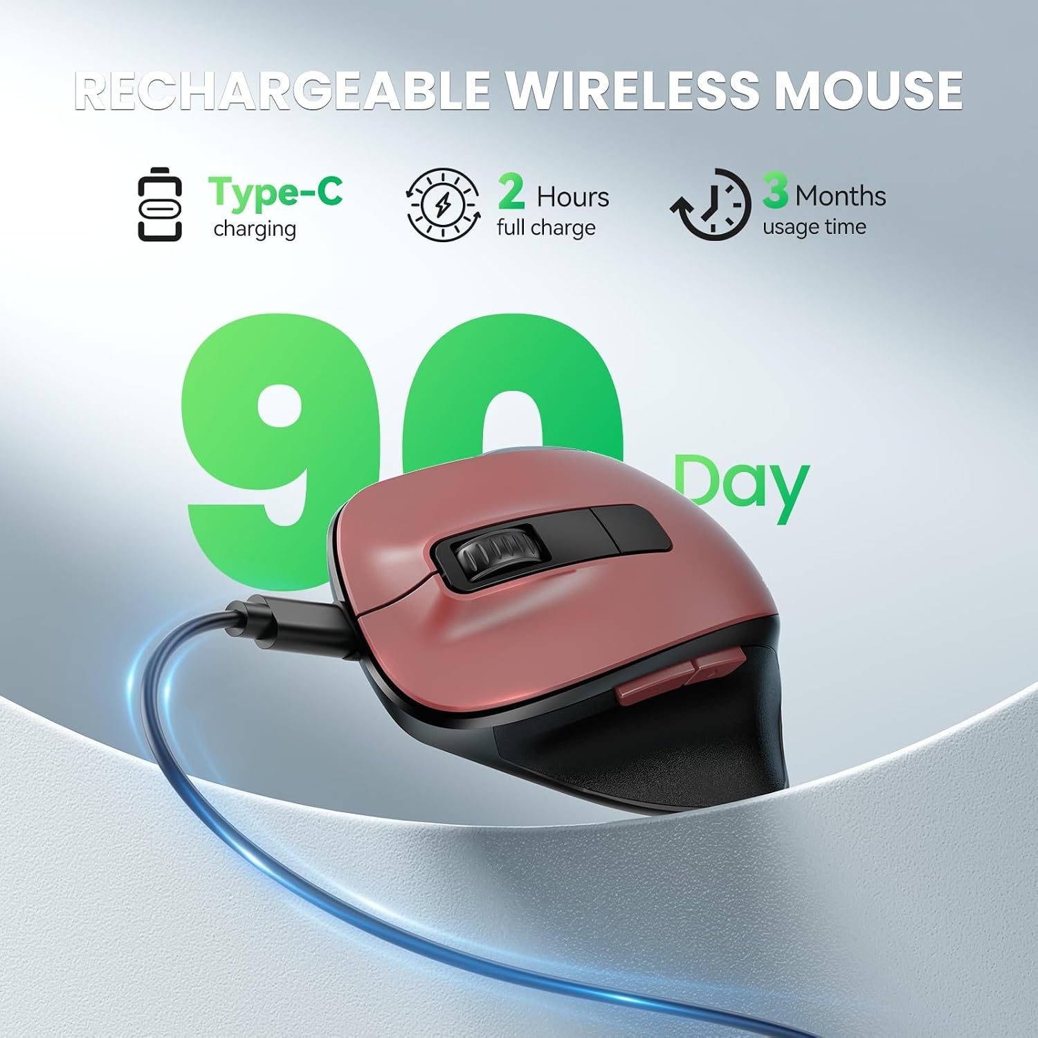 TECKNET Wireless Mouse, Bluetooth Mouse (BT5.0/3.0 & 2.4G) Rechargeable 4800 DPI Silent Mice, Computer Mice with USB A Receiver,Large Sized Ergo Grips Optical Cordless Mice for Laptop/Mac/PC,Red image 4