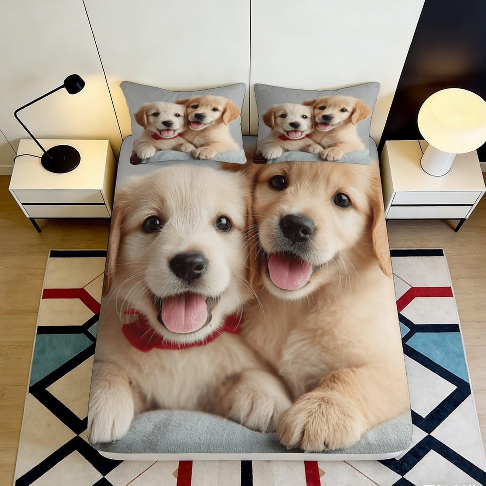 3D Printed Cute Puppy Fitted Sheet Microfiber Soft Breathable Dog Lover Bed Cover for Bedroom Guest Room Mattress Protection Decor 90x200x25cm
