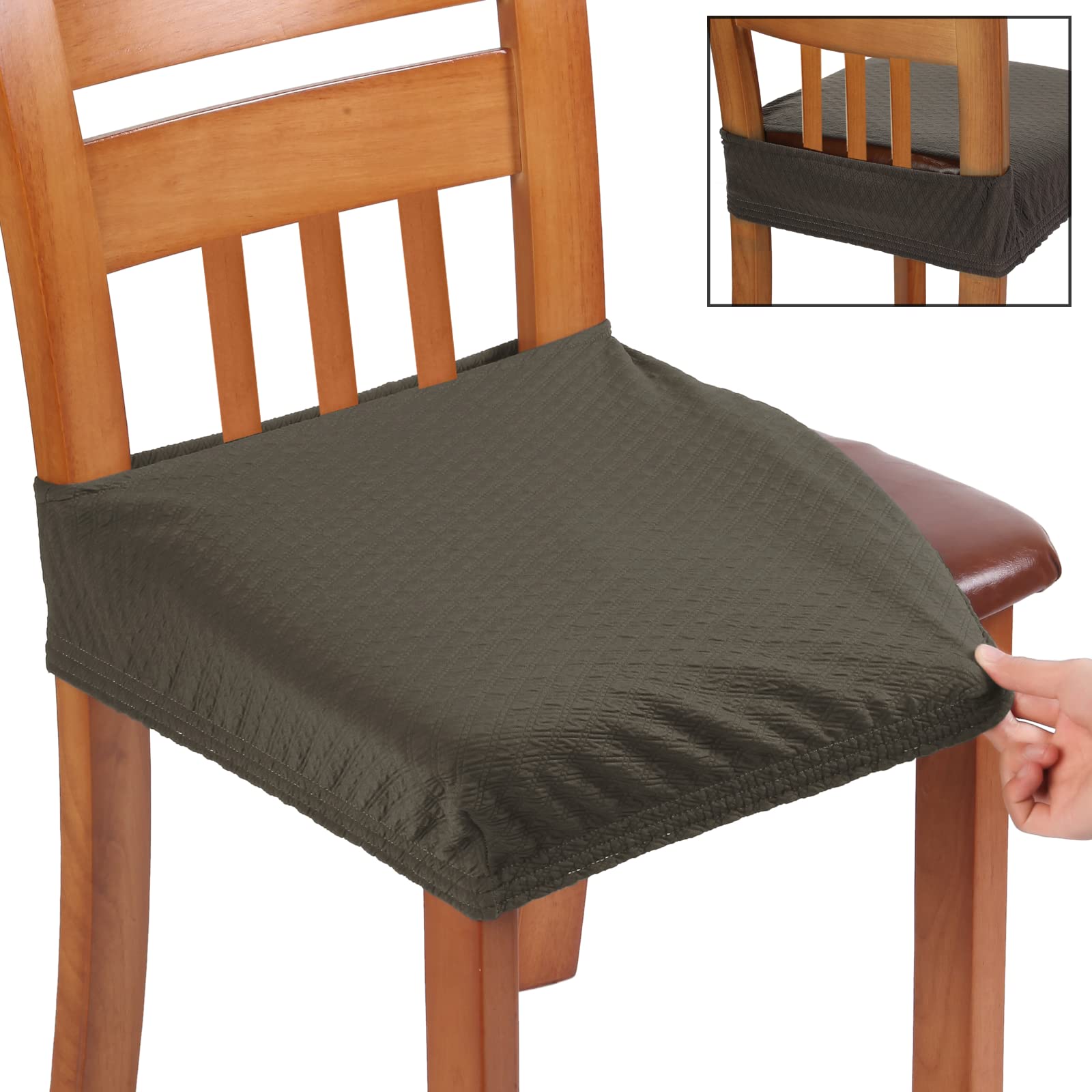 BUYUE Fast Installation Dining Room Chair Covers Set of 6, Luxury Stretch Jacquard Seat Slipcovers for Kitchen Armless Chairs, Rear Gapped- Brown- 6