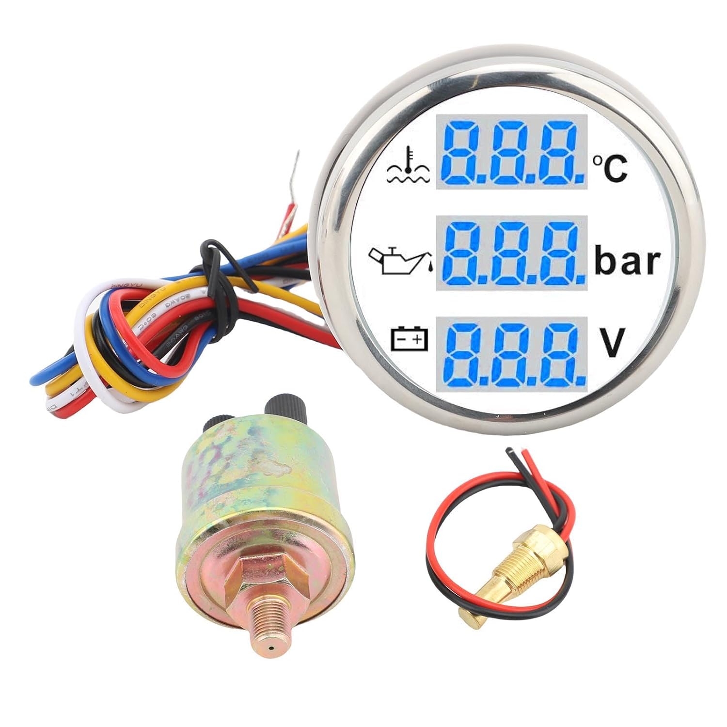 Jonlaki Boat Water Temp Oil Pressure Voltmeter, Digital Display 3 in 1 Gauge with High Low Alerts, IP67 5G Shockproof, for Car RV Truck Boat Yacht Motorcycle (White Dial Silver Cover)