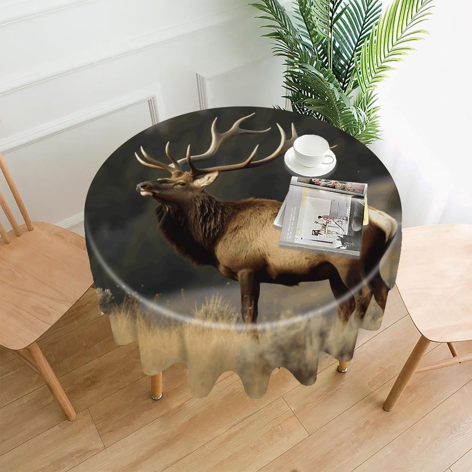FodPand Bull Elk Round Tablecloth - 60 Inch Premium Polyester Table Cloth, Fashion Wrinkle Resistant Decorative Table Cover for Dining Kitchen Party Buffet Tables
