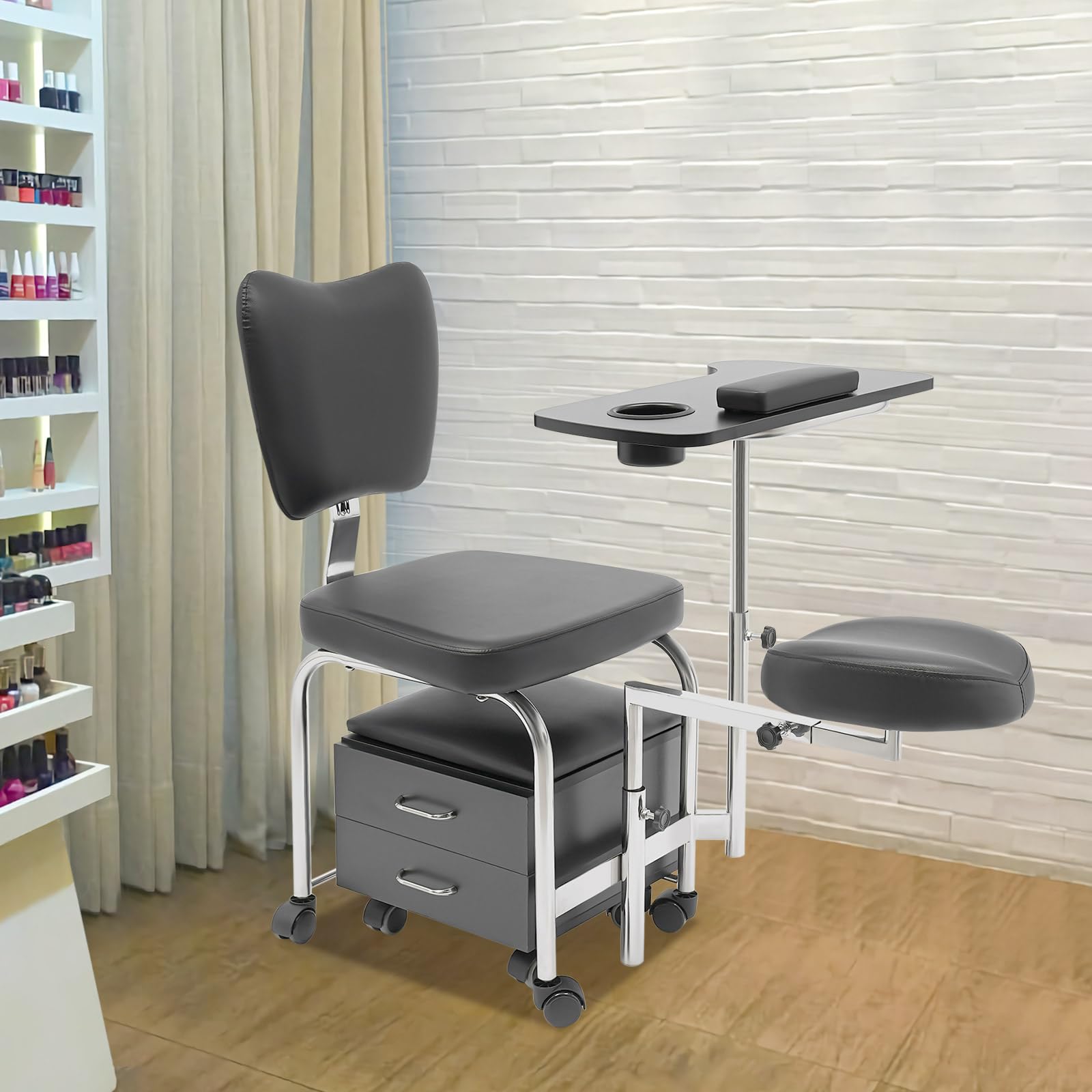 Sedia per manicure pedicure con altezza regolabile, tavolo per unghie da parrucchiere, sgabello da massaggio con 8 ruote, 2 cassetti, armadietto per salone di unghie (nero)