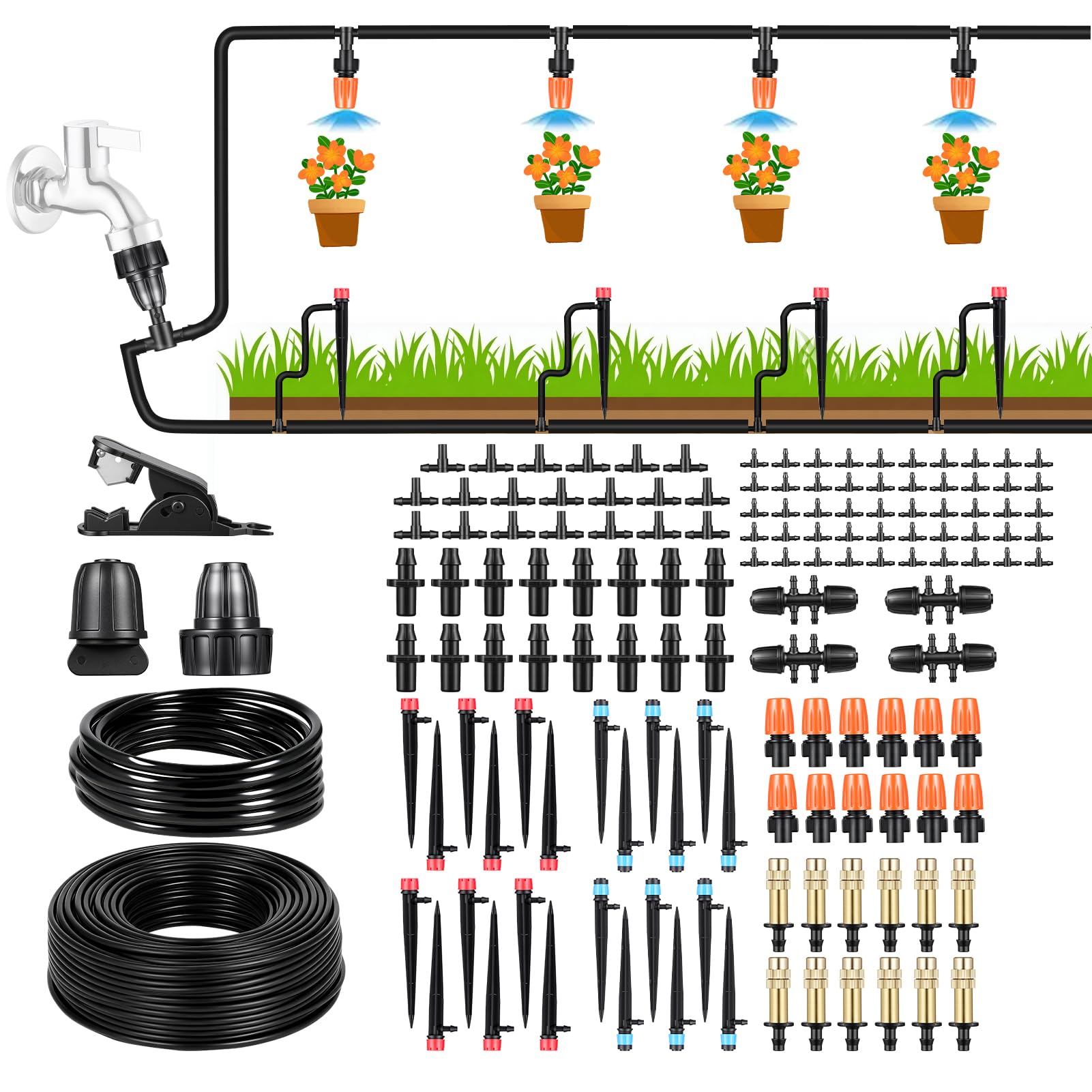 60m+10m Irrigation System Kit,200 Pcs Automatic Garden Watering System with 4/7" Main Irrigation Tubing 8/12" Distribution Tubing,Drip Irrigations Systems for Greenhouse Yard Lawn Plant