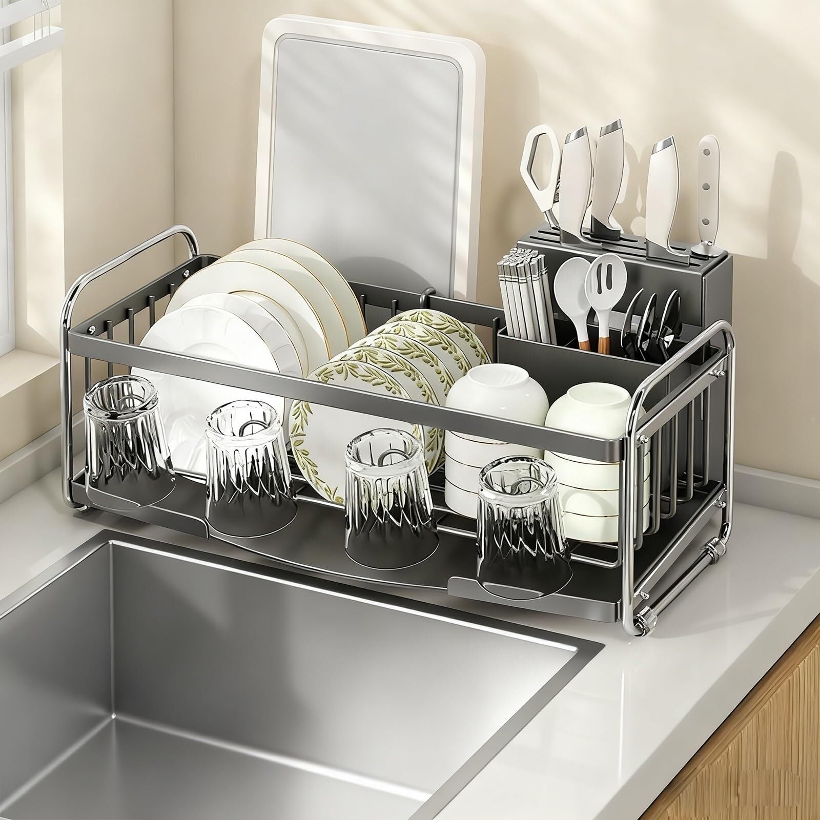 WLH Alexanders Compact Small Dish Drying Rack for Kitchen Counter Narrow Metal Dish Drainer with Utensil Holder Space Saving dish rack(Gun Gray,Full set)