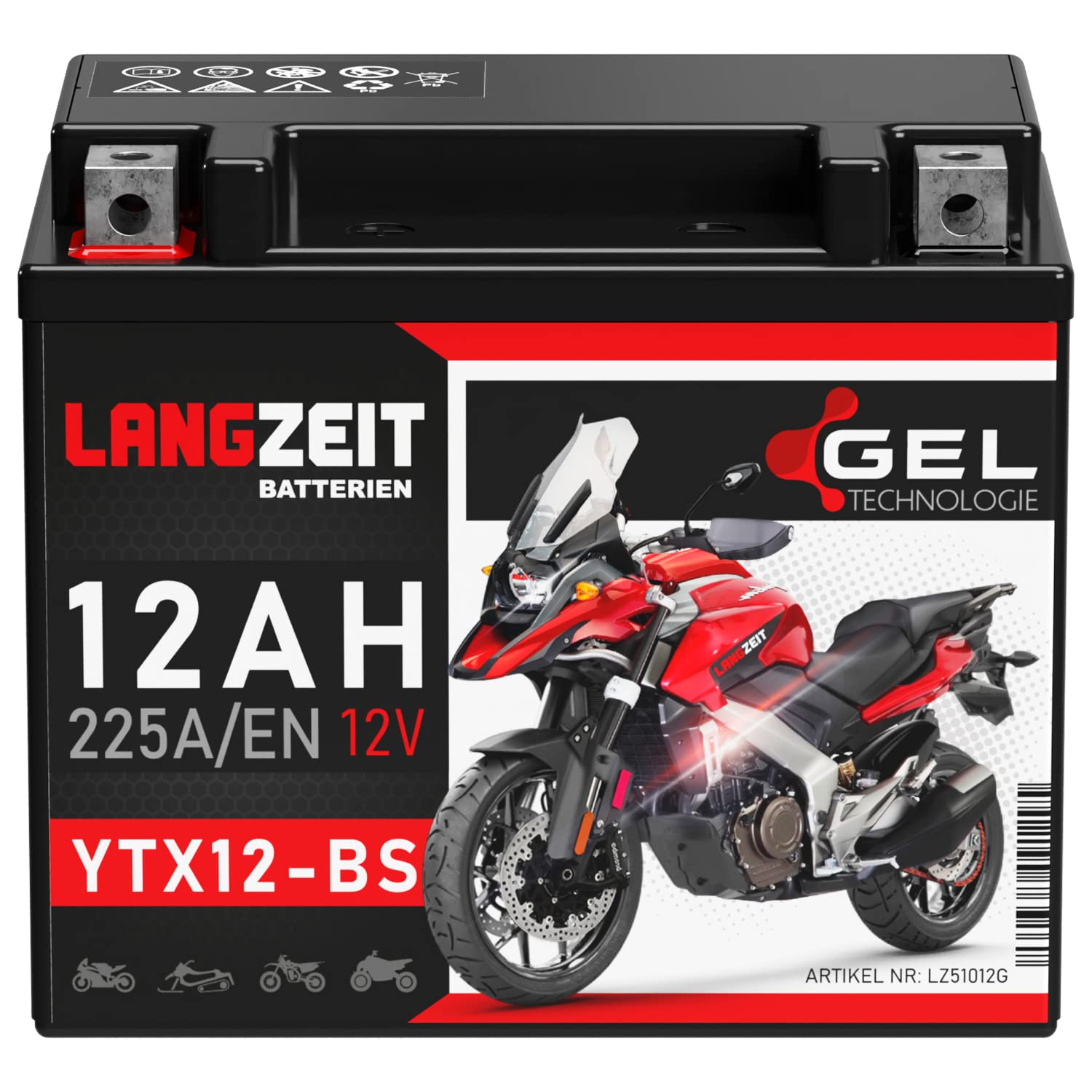 LANGZEIT YTX12-BS Motorradbatterie 12V 12Ah 225A/EN Gel Batterie