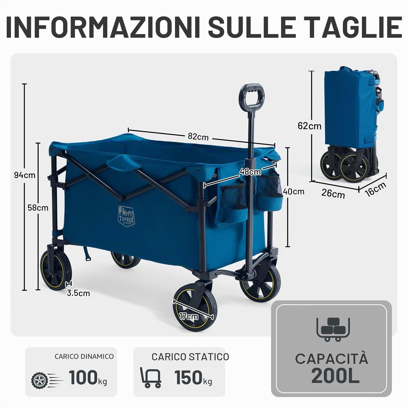 TIMBER RIDGE Carrello Pieghevole Spiaggia 200L con Portabevande Manico Regolabile, Carrello da Giardino per Tutti i Terreni Esterni Campeggio Portata 150kg
