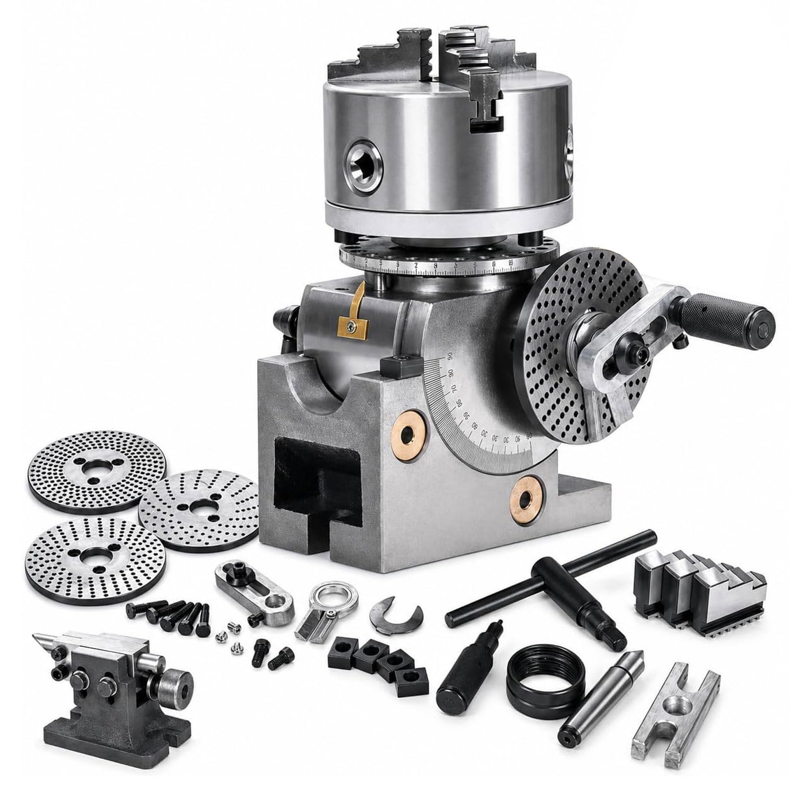 FHRKA 4/5/6 inch 3 Jaw Chuck Dividing with MT2 Tailstock and Dividing Plates | 1:40 Indexing Ratio,Heavy Duty Semi-Universal Milling Set (5inch)