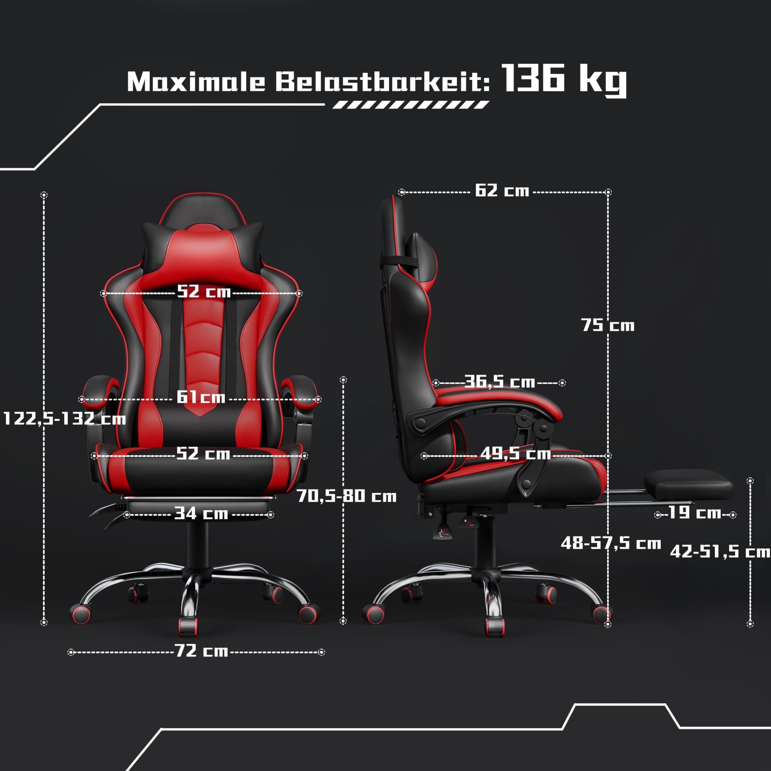 Yaheetech Gaming Stuhl Ergonomischer Gaming Sessel mit Massagefunktion Computerstuhl mit Fußstütze Bürostuhl 90-135° Rückenlehne verstellbar Gamer Stuhl für für Homeoffice und Gaming Rot – Bild 4