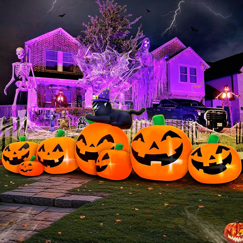 8FT Halloween Inflatables Pumpkin Decorations with Black Cat Decoration Led Light Inflatable Outdoor Decorations Blow up Inflatables for Halloween Holiday Party Lawn Yard Garden Decor