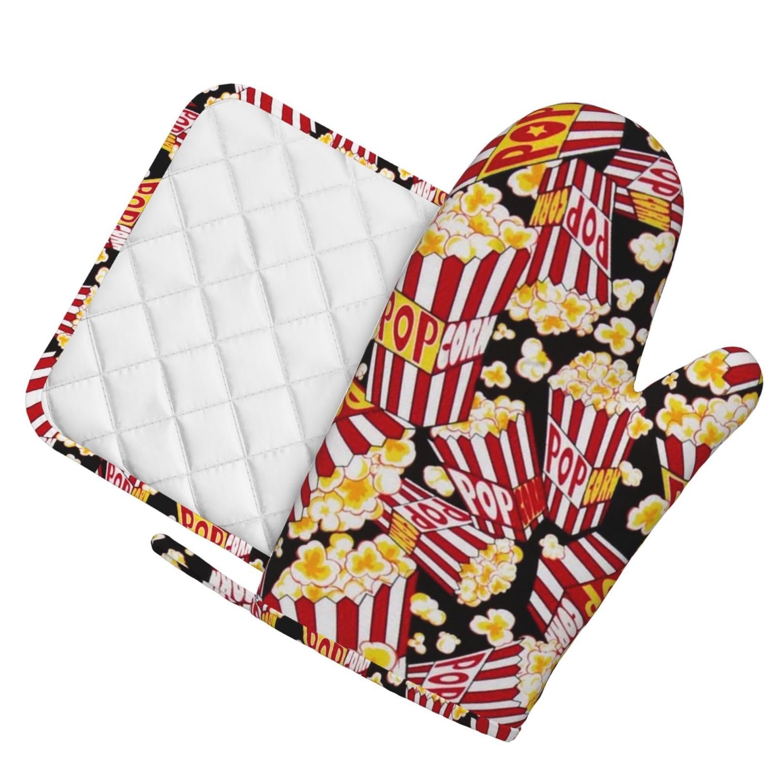 Silikon Anti Verbrühung Popcorn Druck Handschuhe + Anti Verbrühungspads (Linker Handschuh), rutschfeste Küche Ofenhandschuhe zum Kochen, Backen und