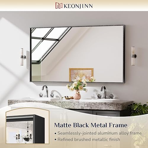 Miniatura 265 de Keonjinn Espejo de baño dorado de 48 x 36 pulgadas, espejo rectangular con marco de metal dorado cepillado, espejo de pared grande rectangular